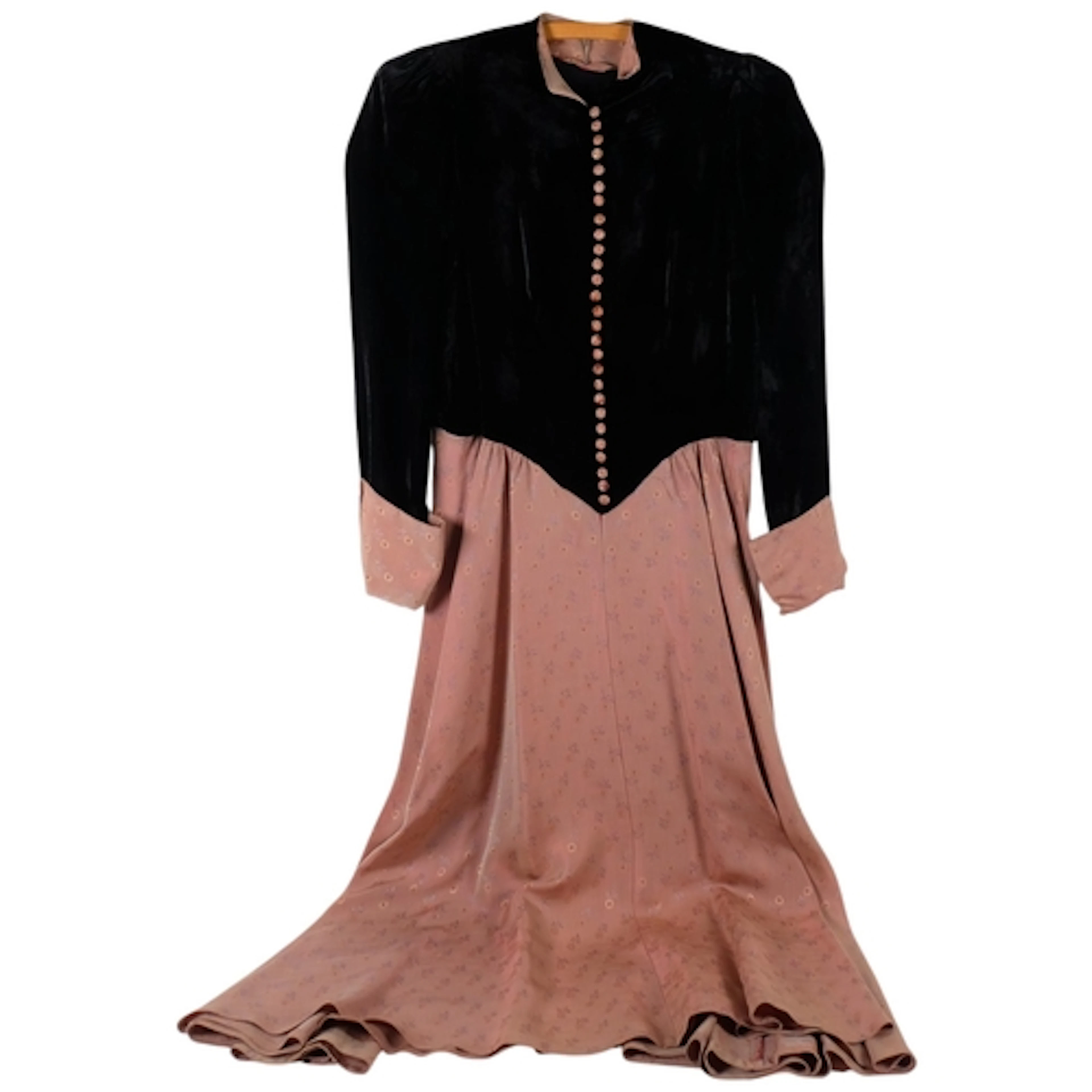 A cocktail dress, circa 1940s, black silk velvet buttoned to...