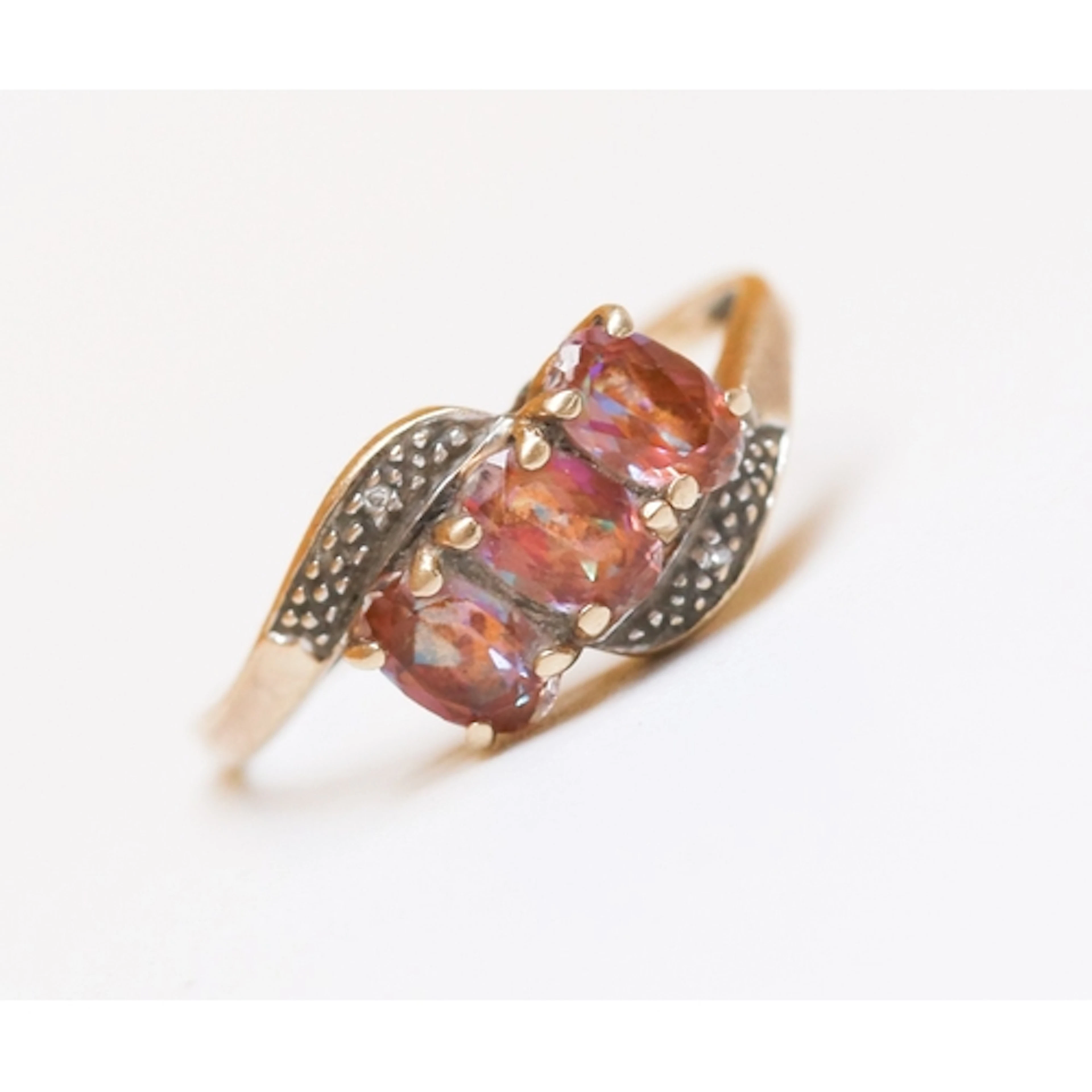 Mystic Topaz Three Stone Ring with Further Diamond Inset Wra...