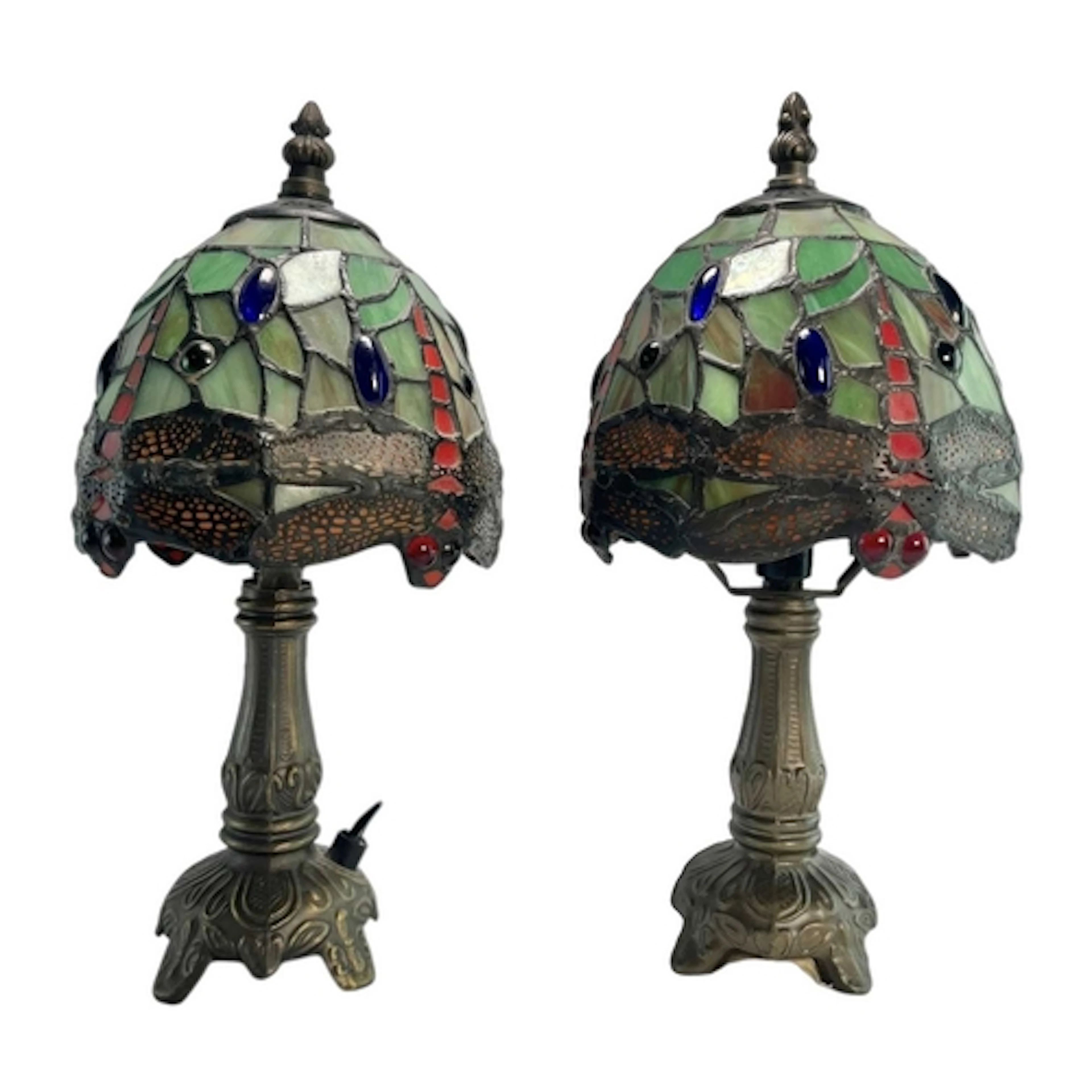 A pair of later 20th century Tiffany-style dragonfly table l...