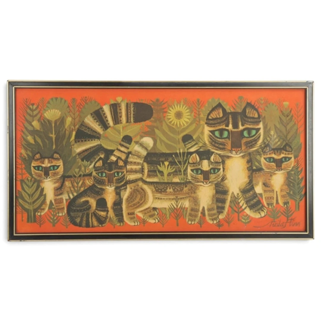 After SHEILA FINN, a mid-century print of cats, 50cm x 25cm,...