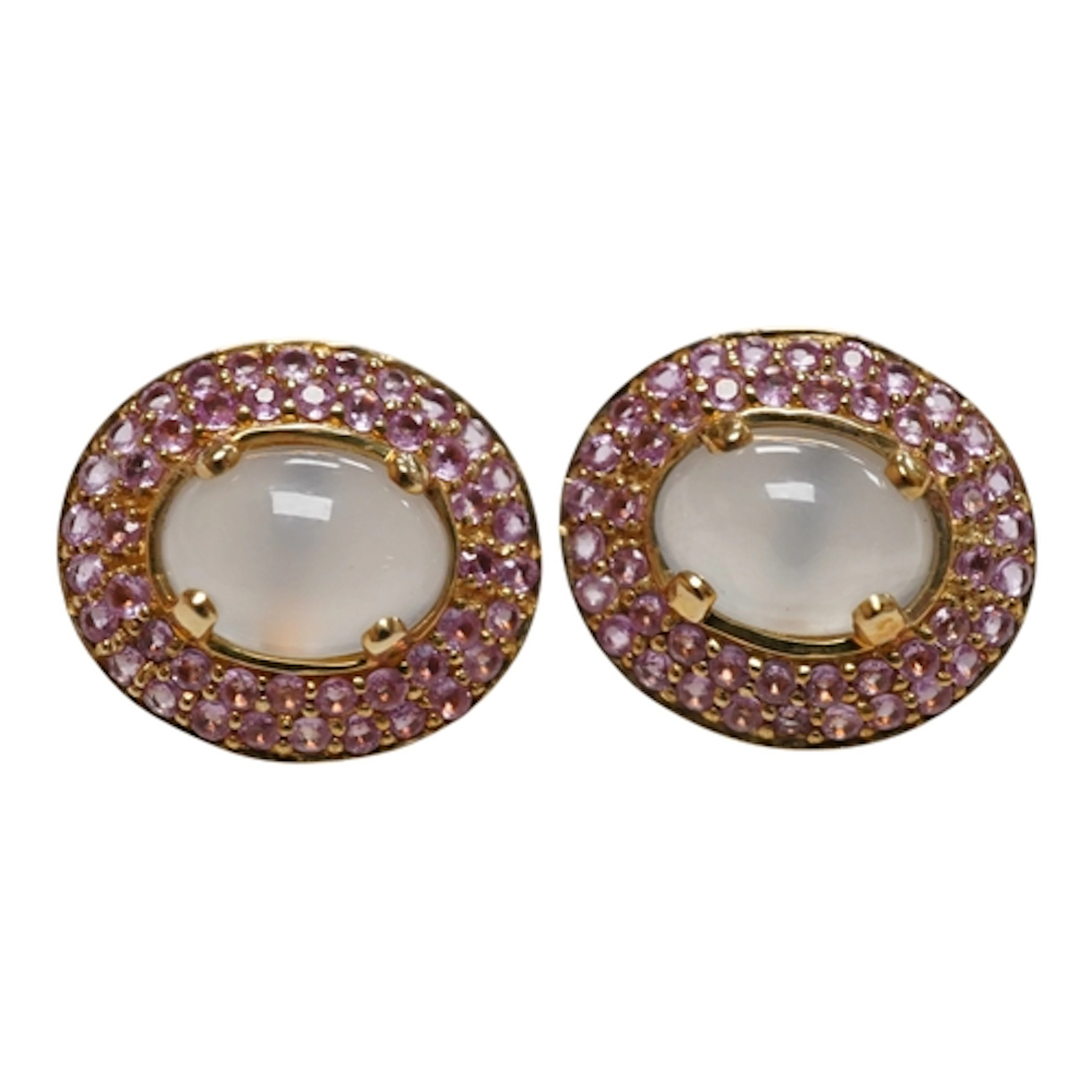 A pair of chalcedony and pink sapphire earrings, each set wi...