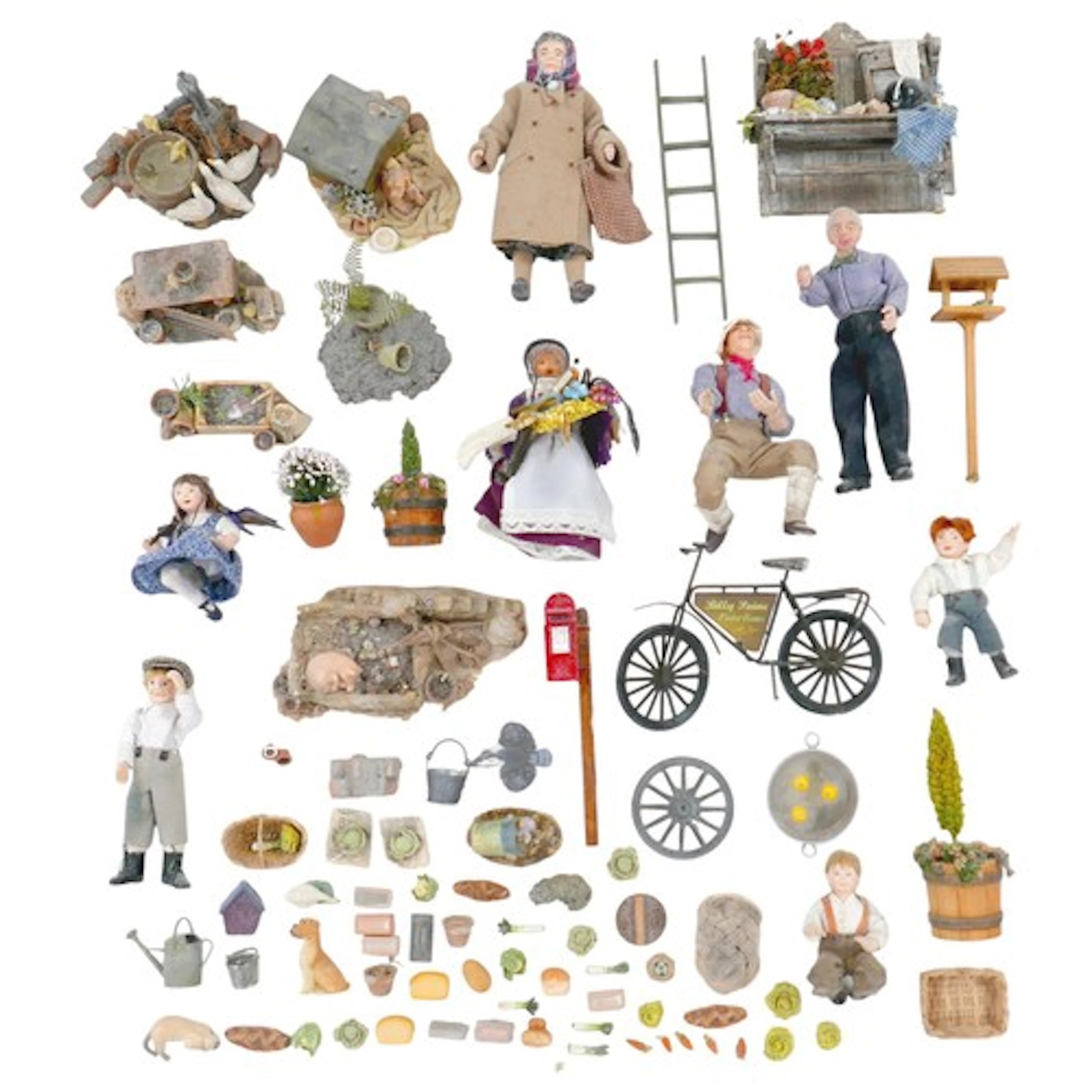 A quantity of miniature doll's house people and accessories,...