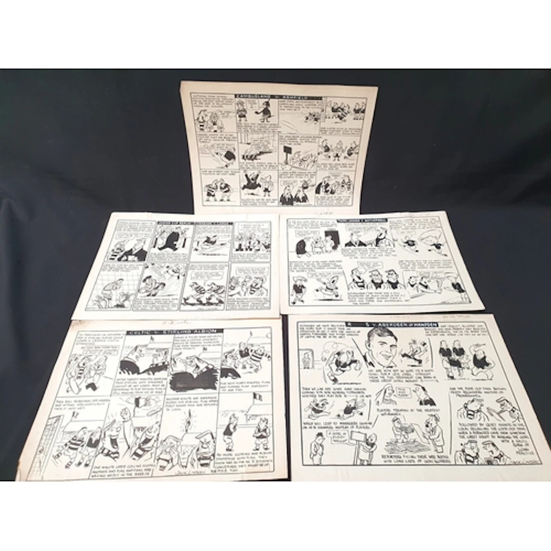JACK LINDSAY - FIVE PEN AND INK ORIGINAL FOOTBALL INTEREST C...