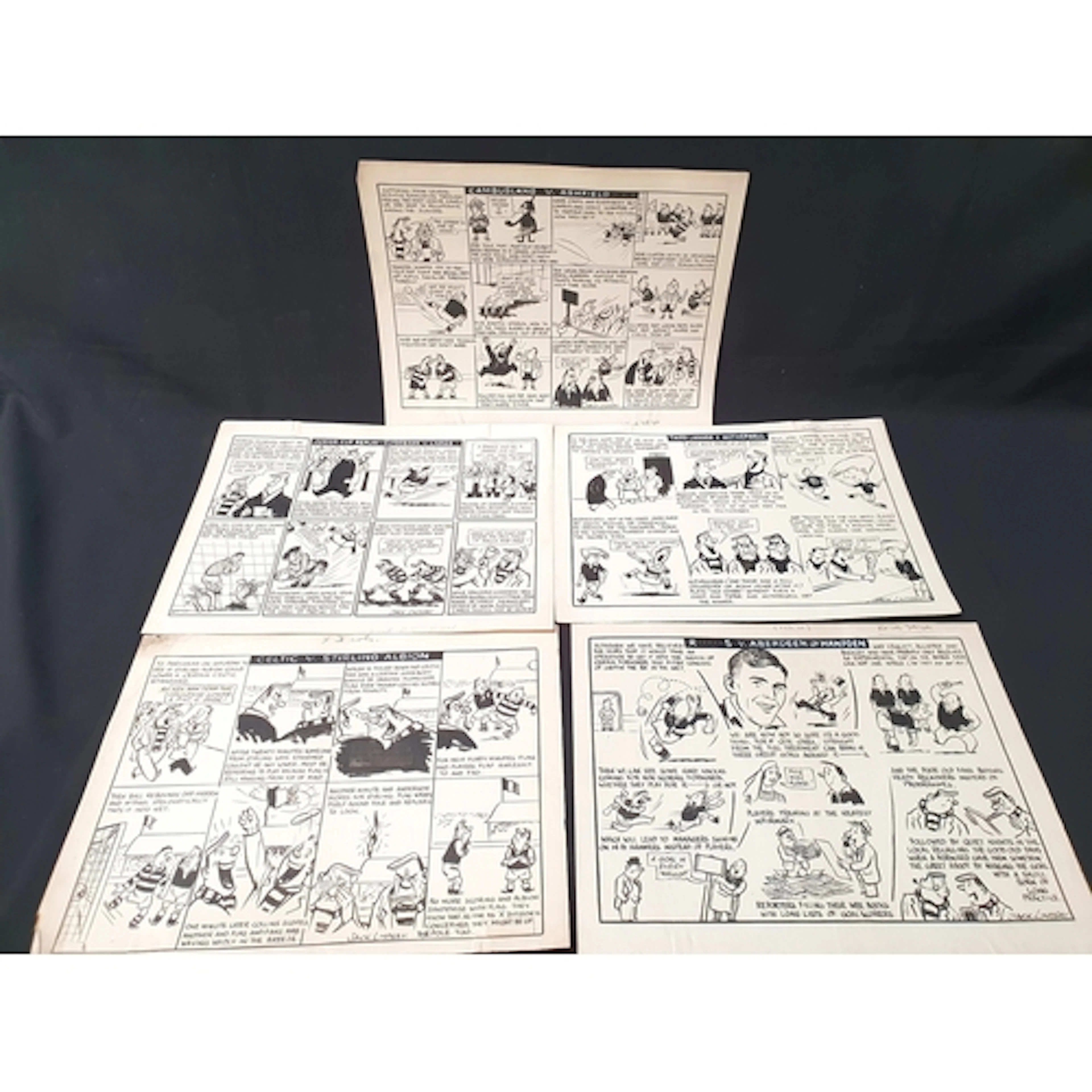JACK LINDSAY - FIVE PEN AND INK ORIGINAL FOOTBALL INTEREST C...