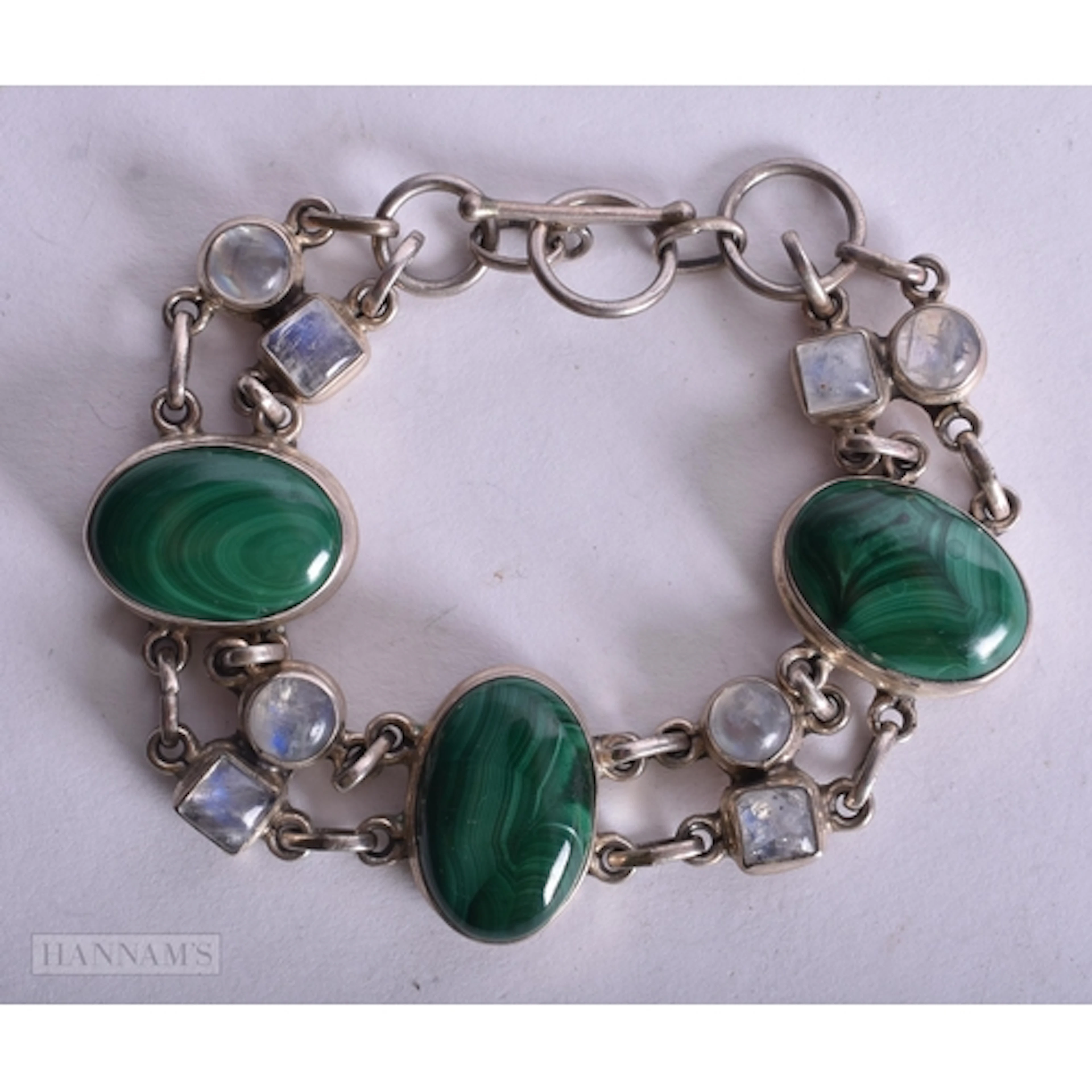 Sterling Silver Malachite & Moonstone Bracelet (39g). 15.5 c...