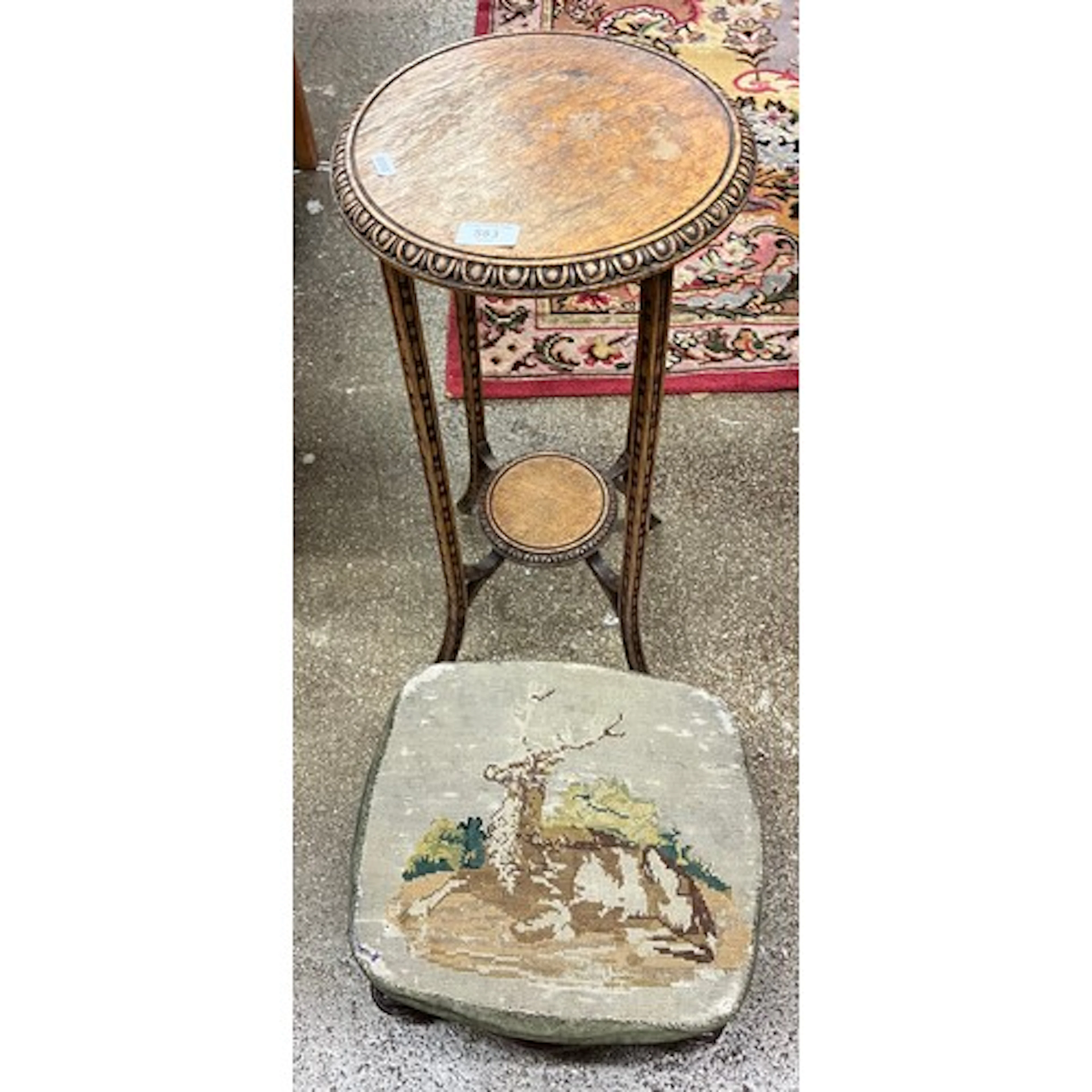 Oak plant stand and mahogany framed footstool.