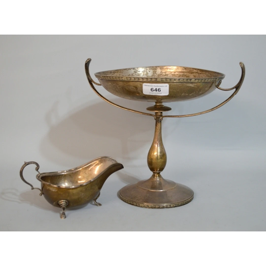 London silver two handled pedestal trophy cup, and a Sheffie...