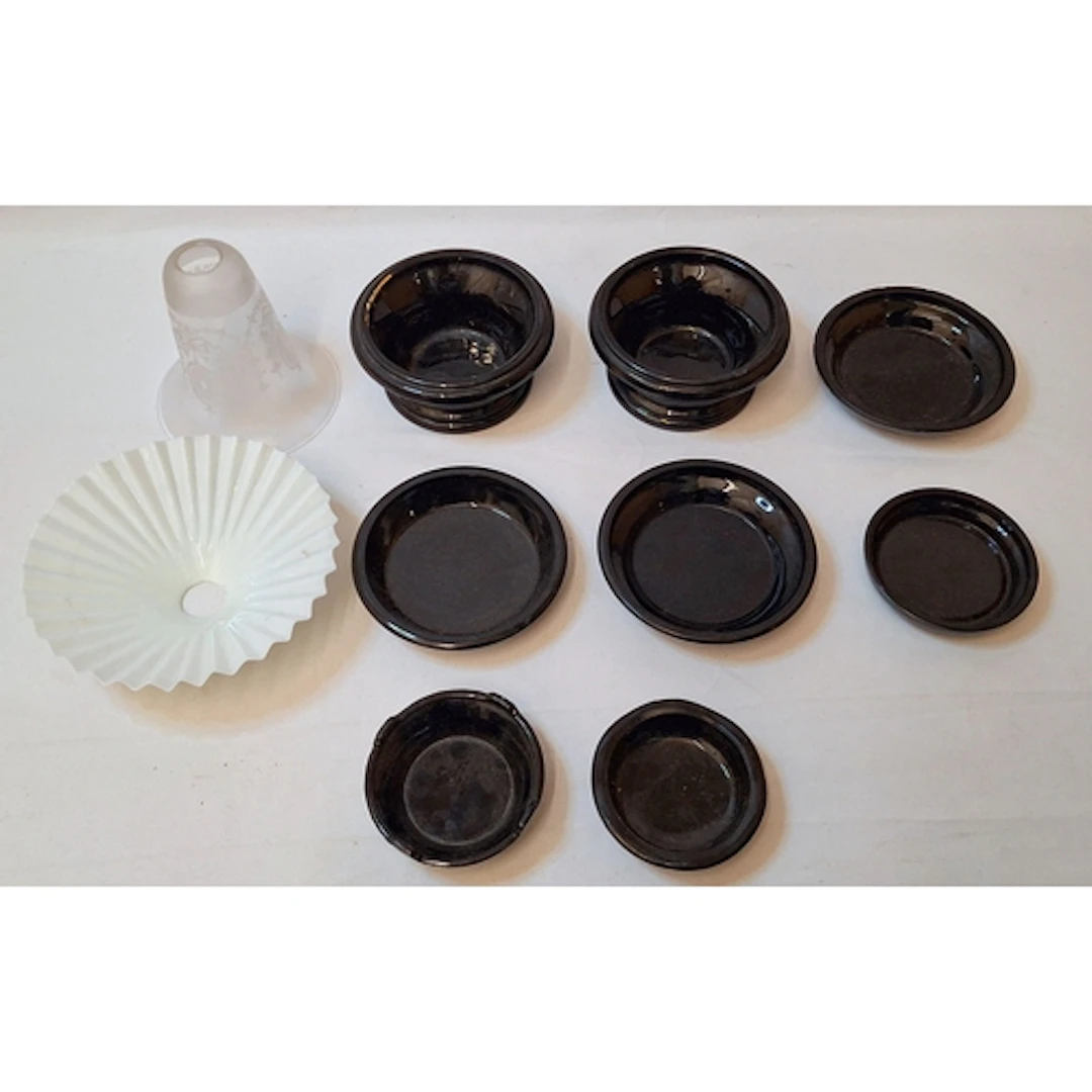 Black Glass Plinths & 2 vintage lampshades, 1 milk glass (1 ...