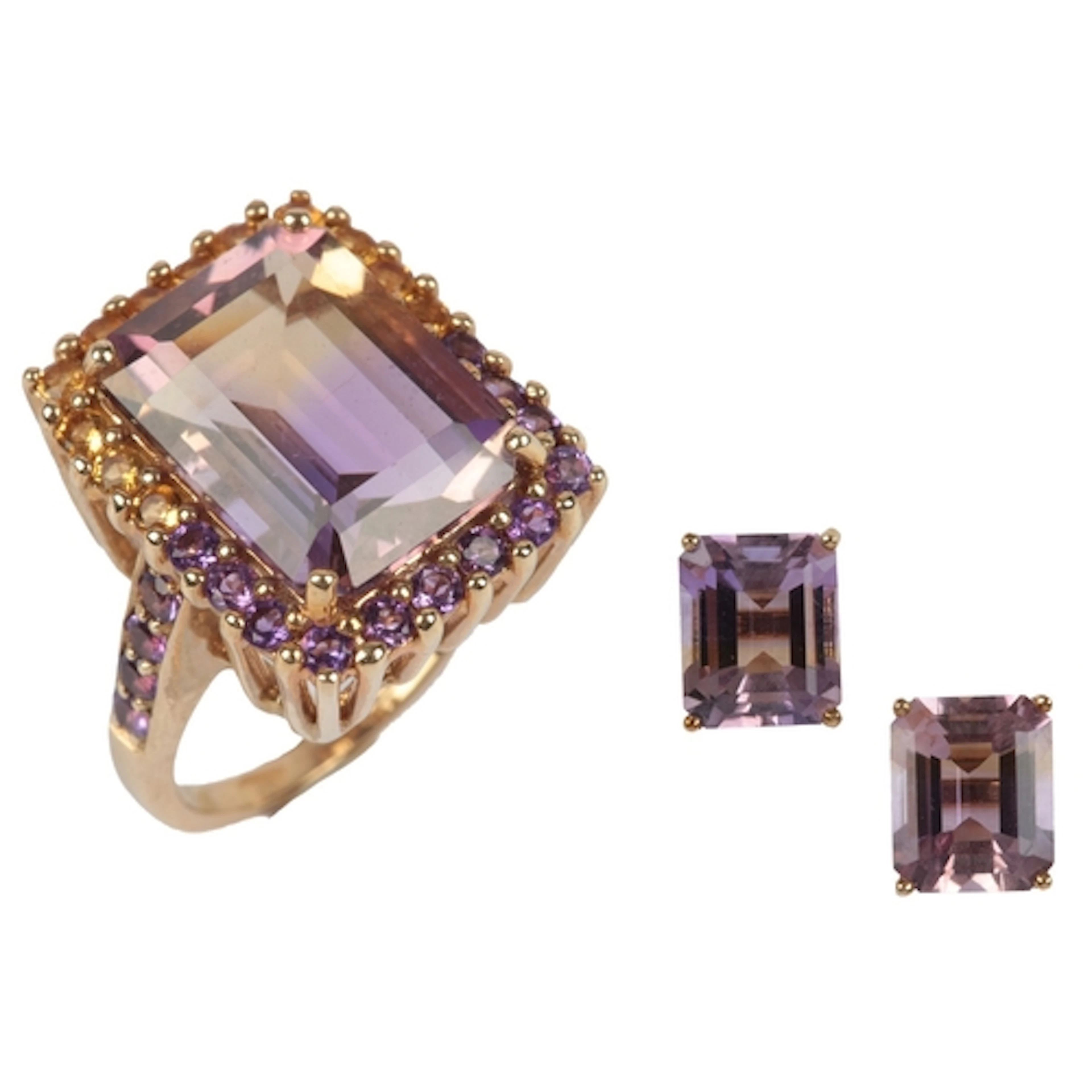 An ametrine ring and pair of earrings, comprising: a ring, c...