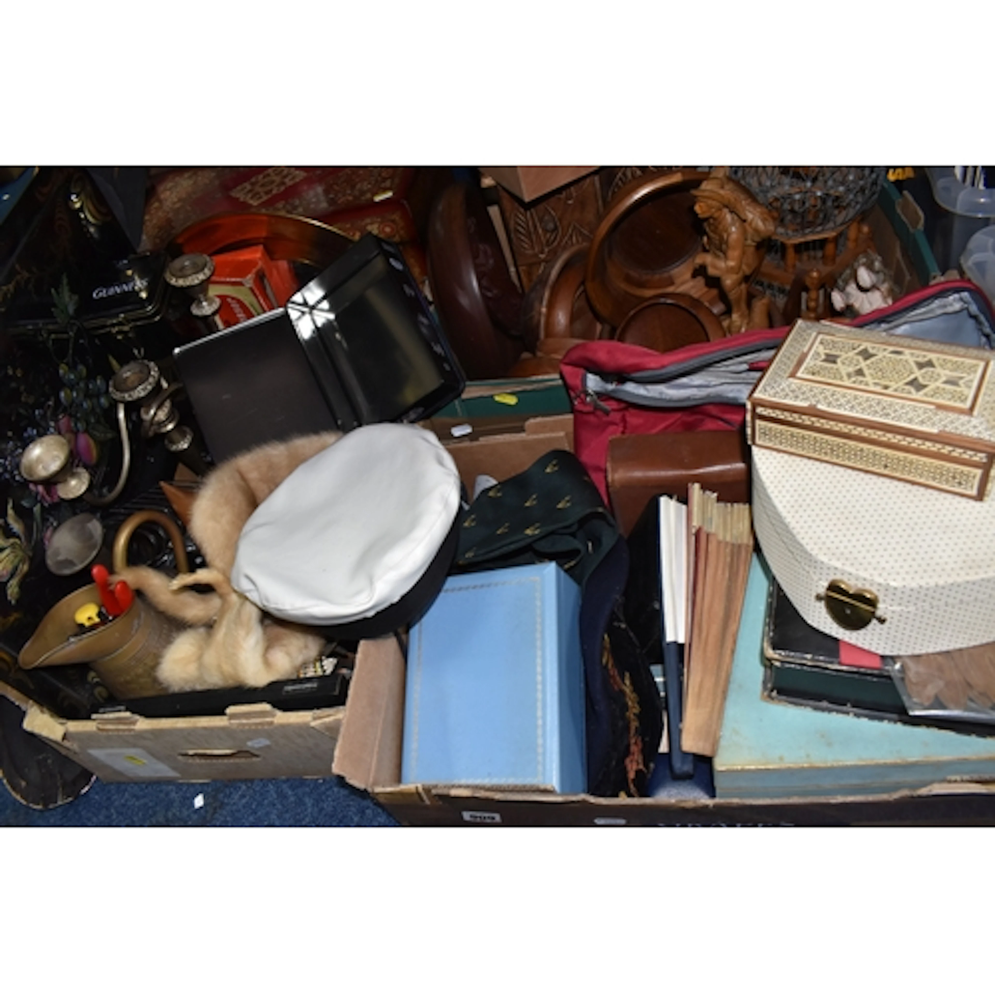 THREE BOXES OF VINTAGE SUNDRIES to include a beaded horn, a ...