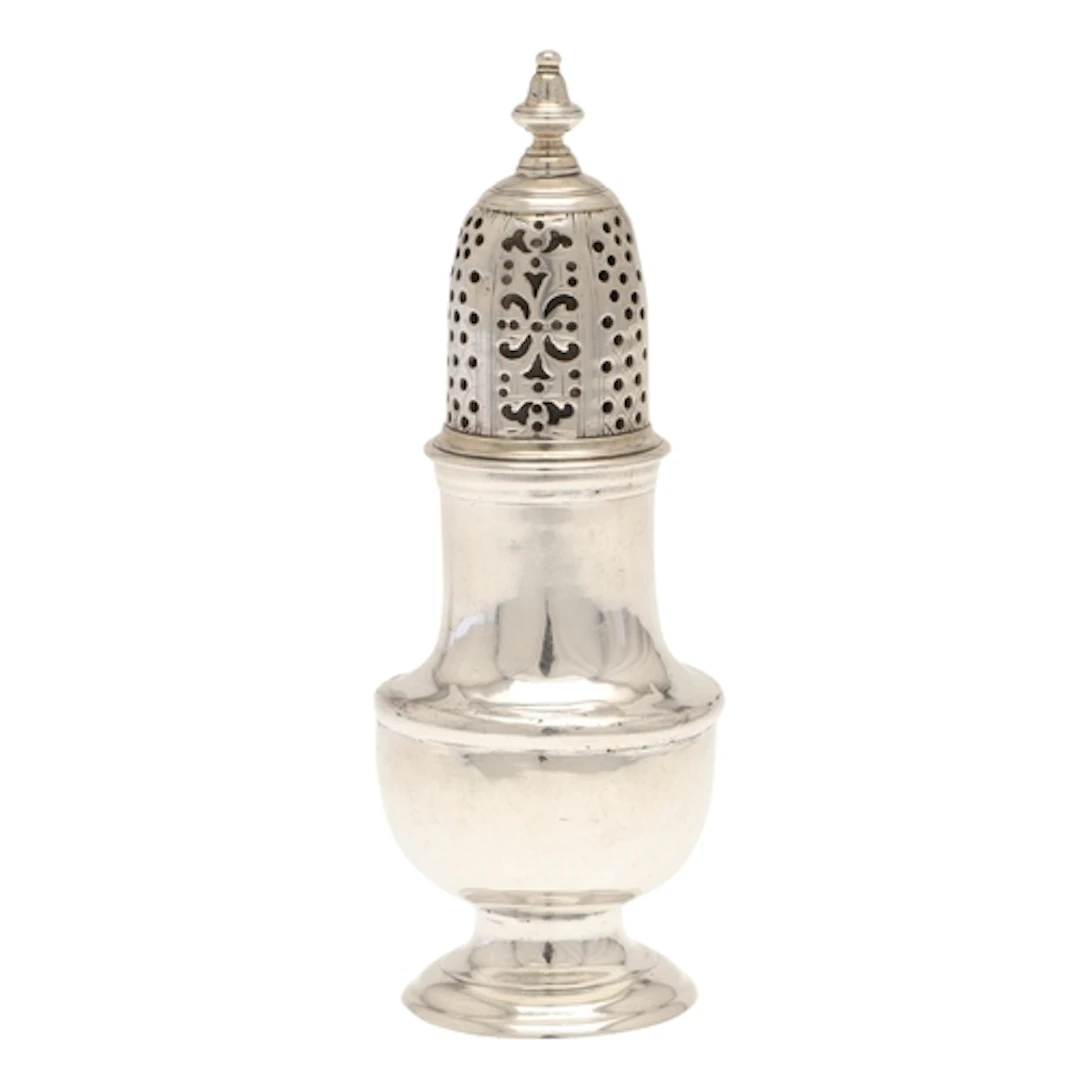 A GEORGE II SILVER PEPPER CASTER. Of baluster form, with pie...