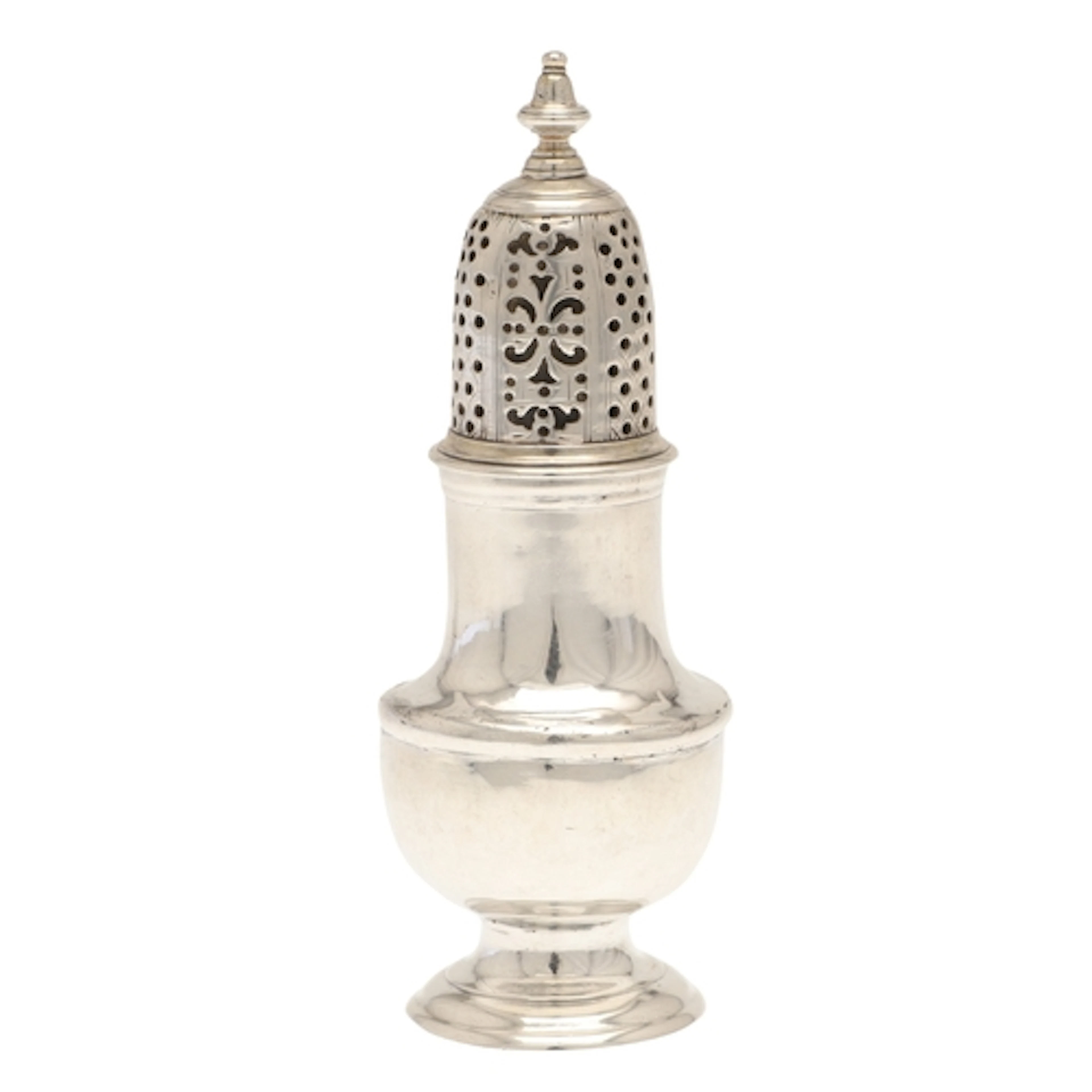 A GEORGE II SILVER PEPPER CASTER. Of baluster form, with pie...