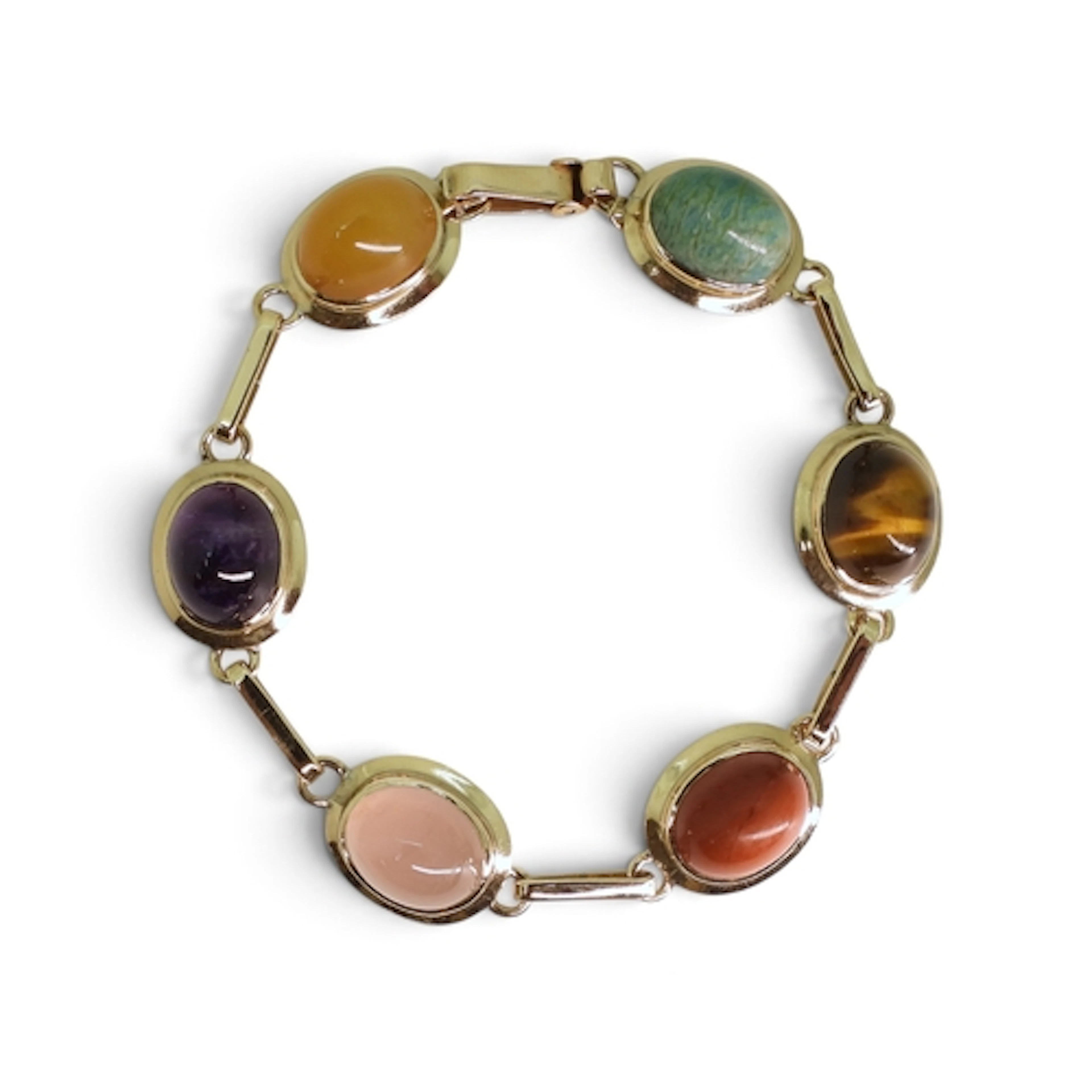 A 9CT GEM SET BRACELET set with amethyst, yellow agate, jasp...