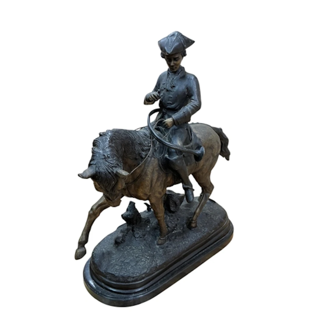 After Benje, a patinated bronze of a huntsman on a marble ba...