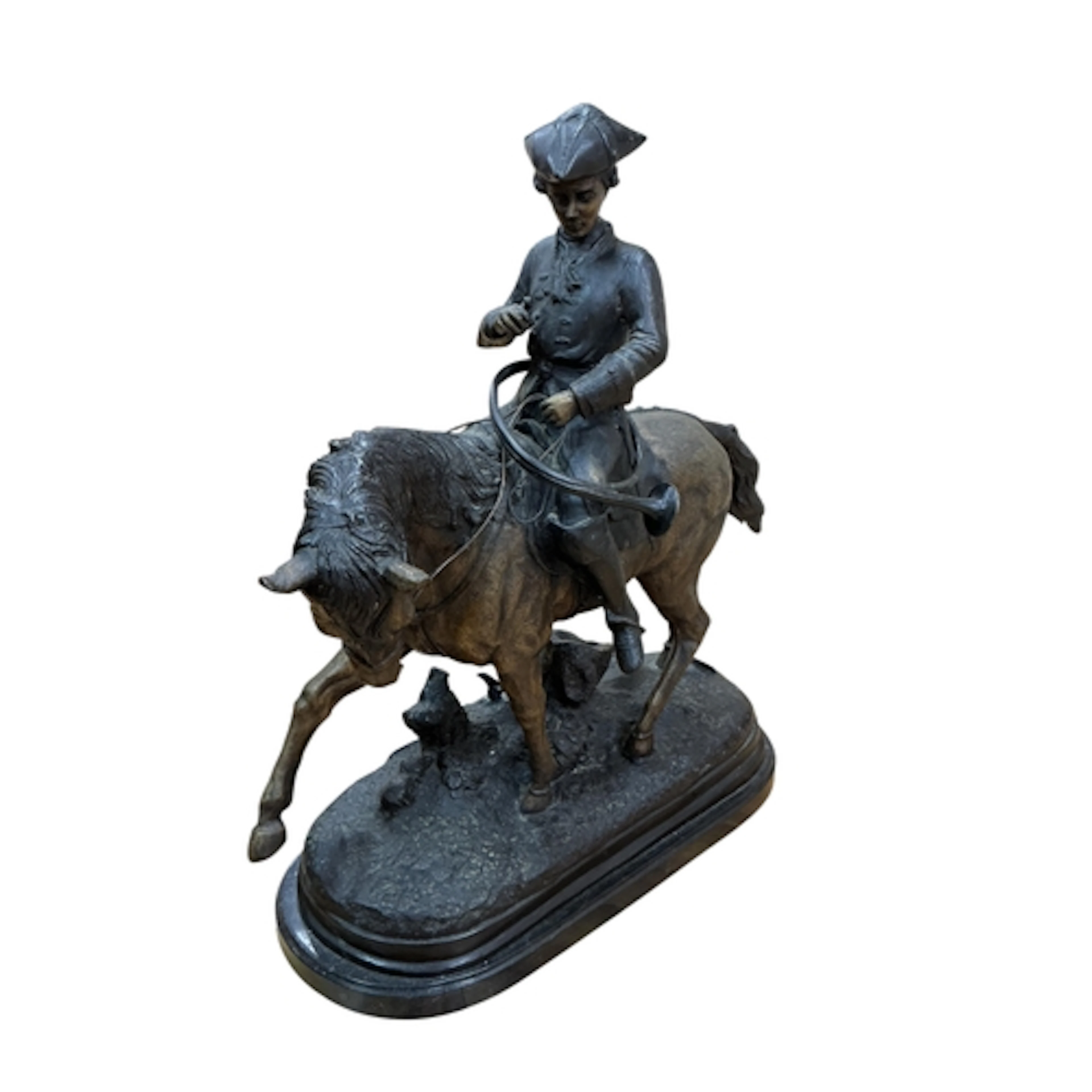 After Benje, a patinated bronze of a huntsman on a marble ba...