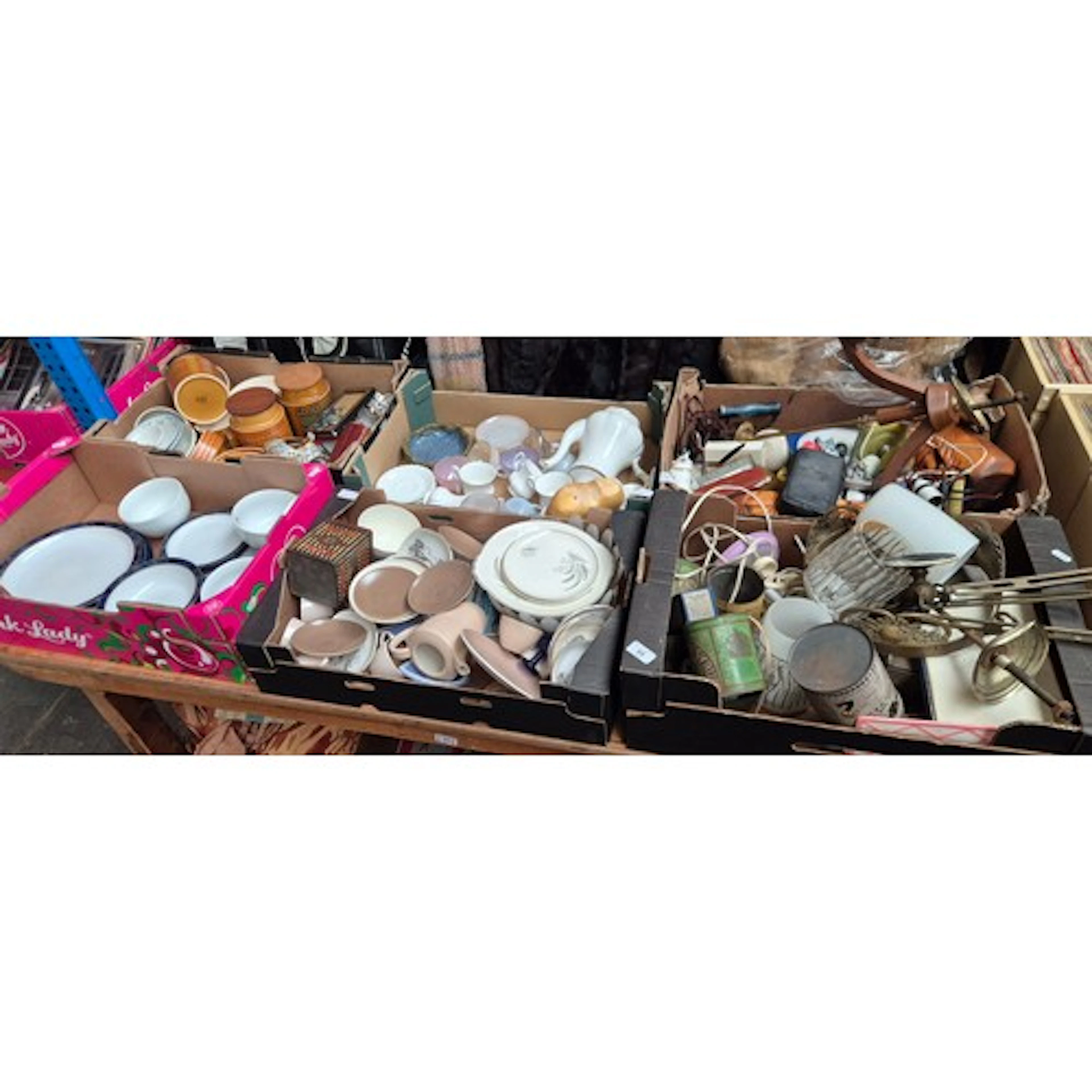 A mixed lot to include pottery, ceiling light, old tins, Den...