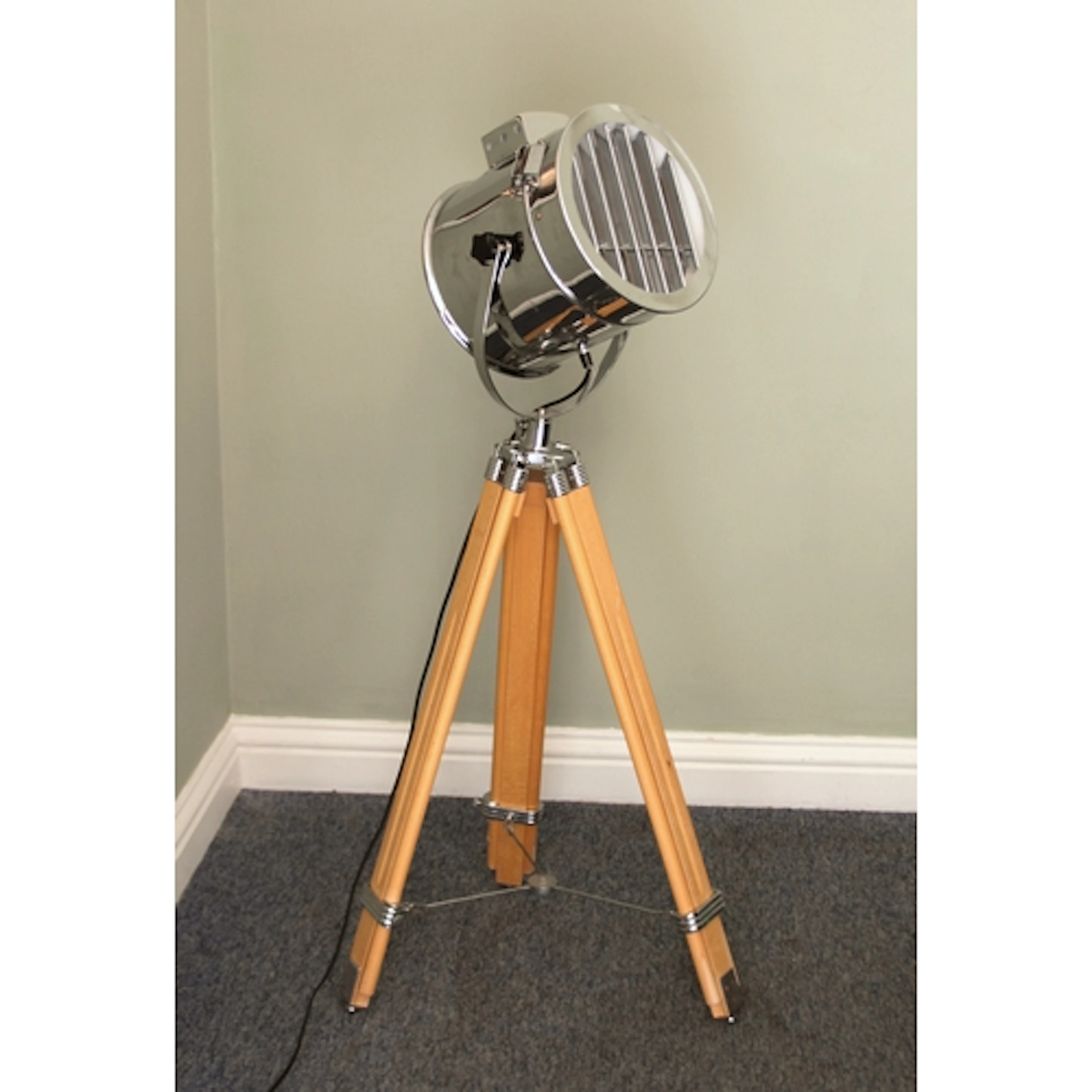 A chrome and beech wood 'Alfred' tripod floor lamp by Made -...
