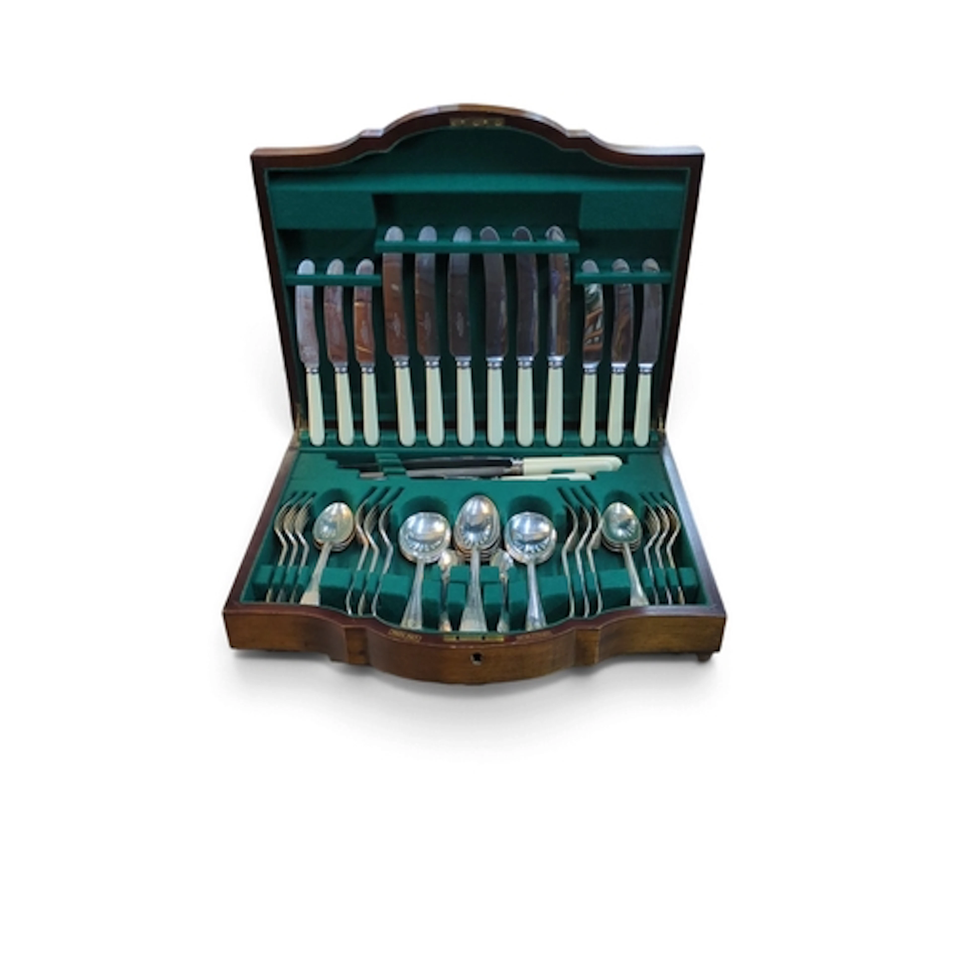 A canteen of silver-plated flatware with monogrammed termina...