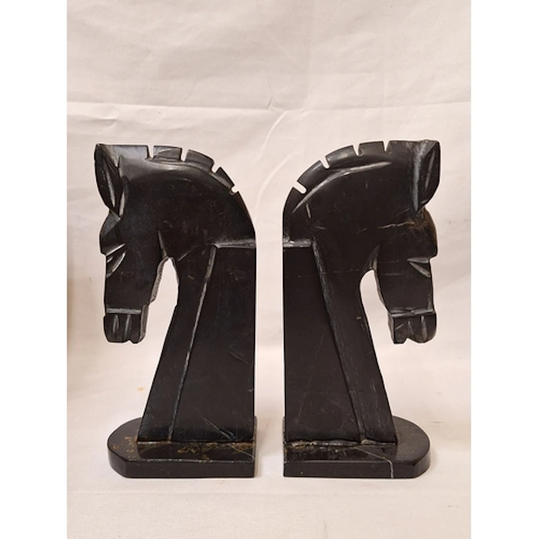 Pair Vintage Black Stone Horse Head Shaped Bookends approx. ...