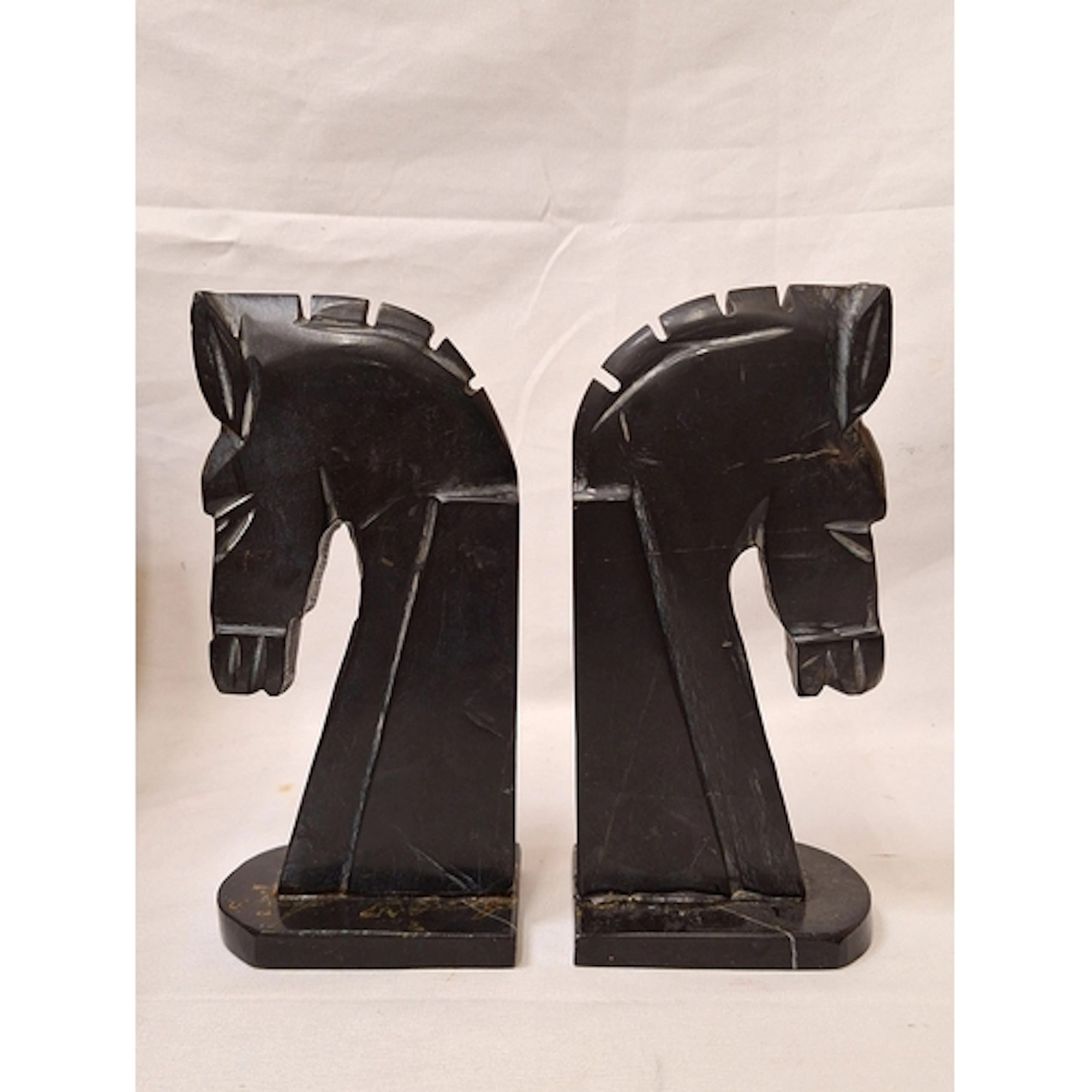 Pair Vintage Black Stone Horse Head Shaped Bookends approx. ...
