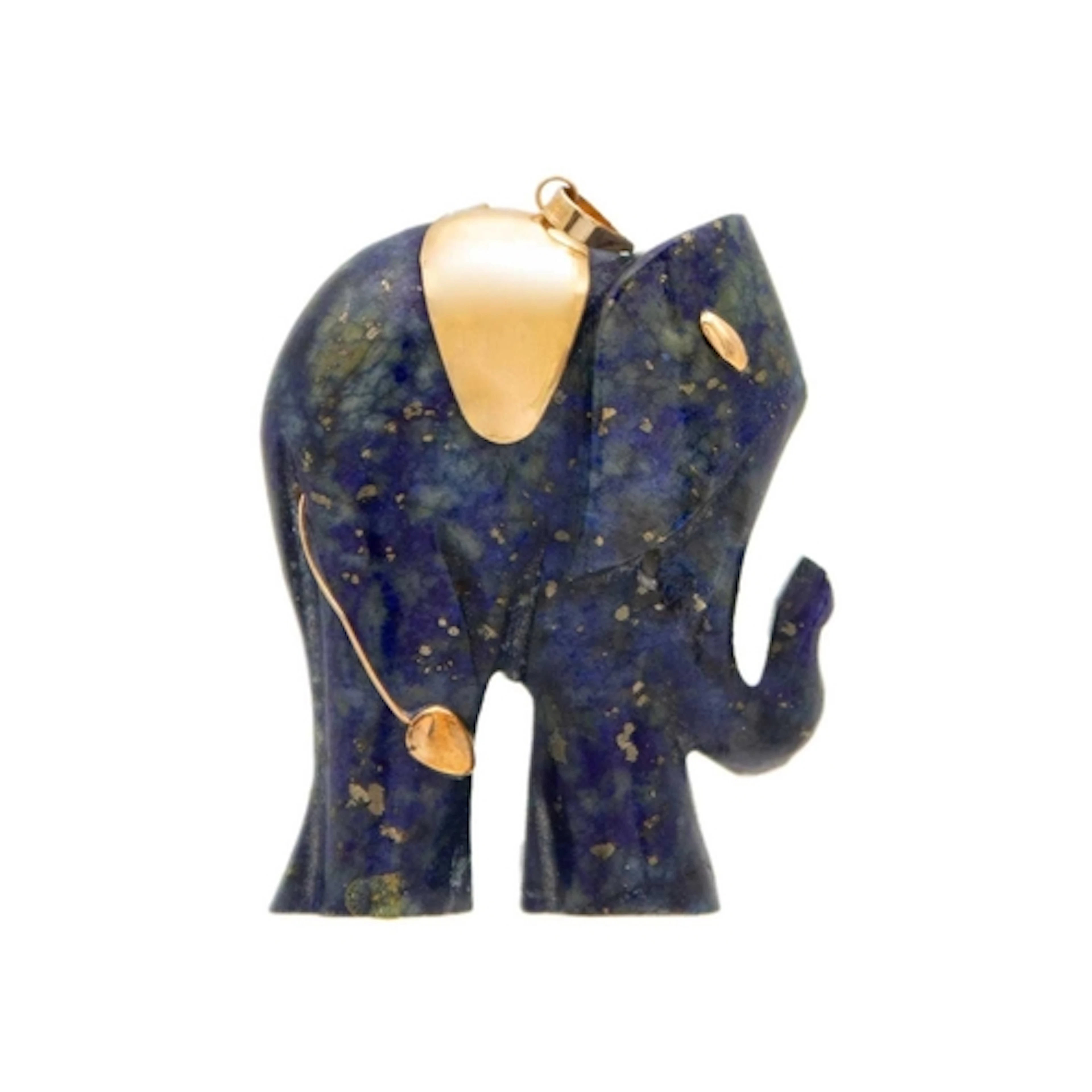 A gold-mounted lapis lazuli elephant pendant. The bale stamp...