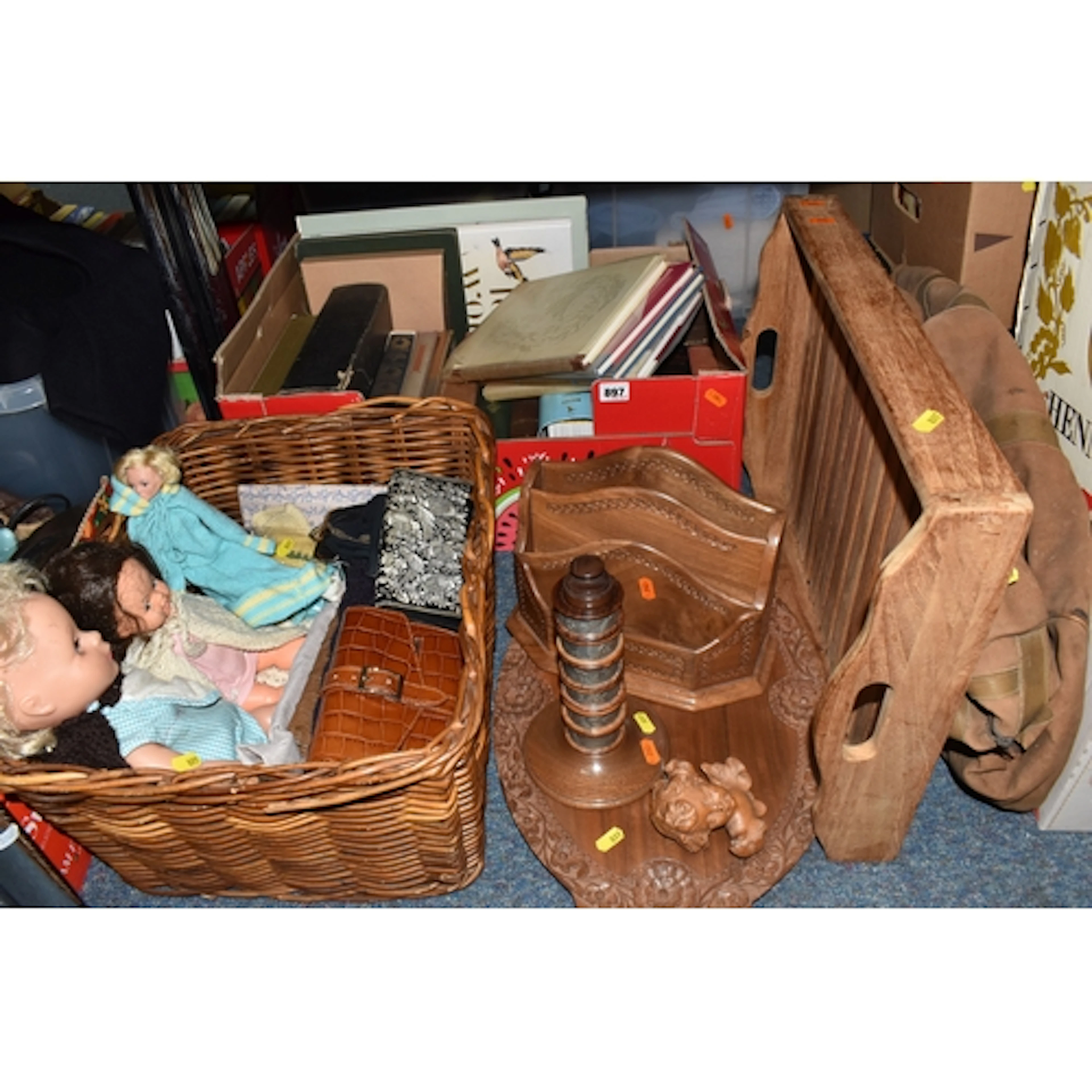 A BOX, A BASKET AND LOOSE BOOKS, TREEN AND SUNDRY ITEMS, to ...