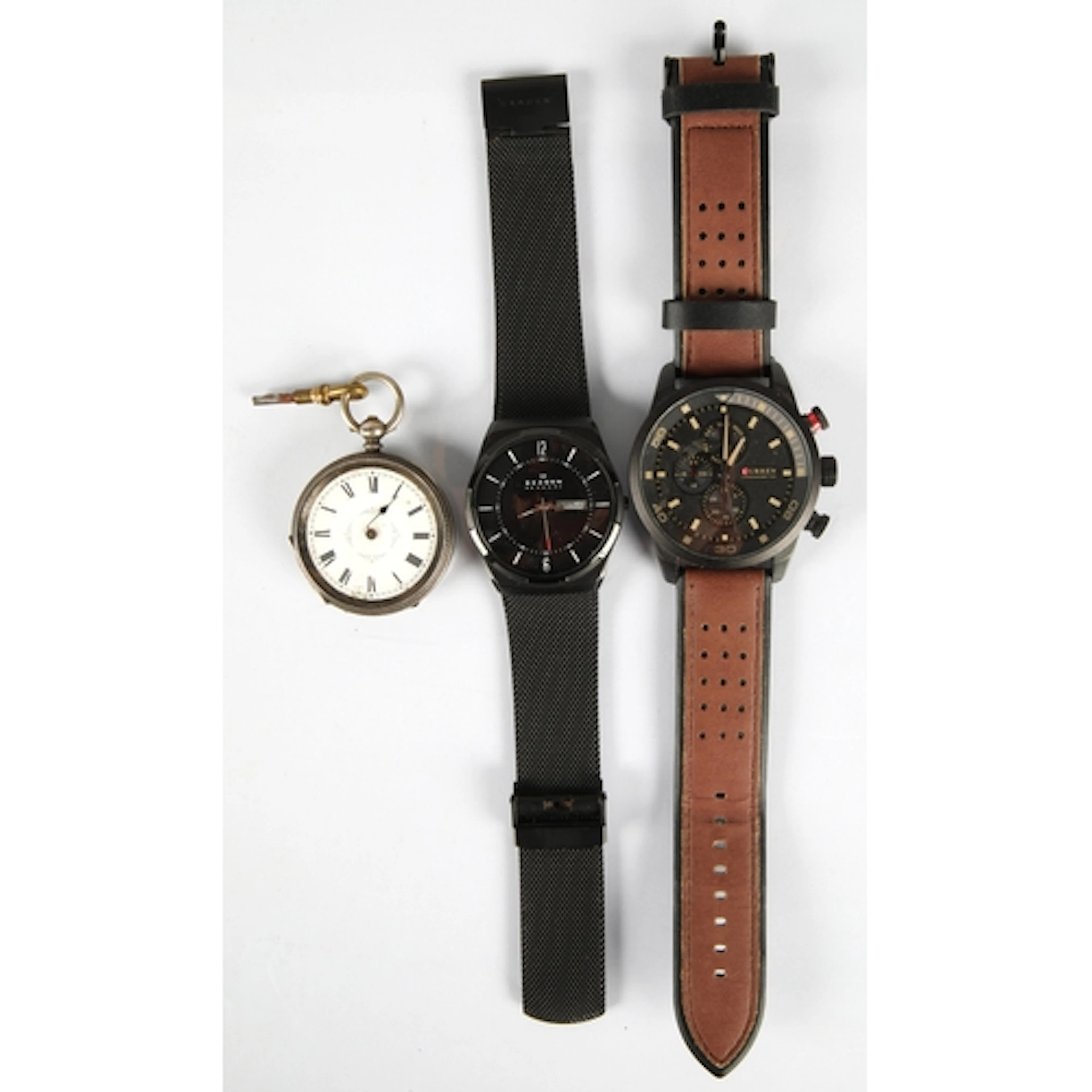 Skagen wristwatch and Curren watch and a ladies silver pocke...