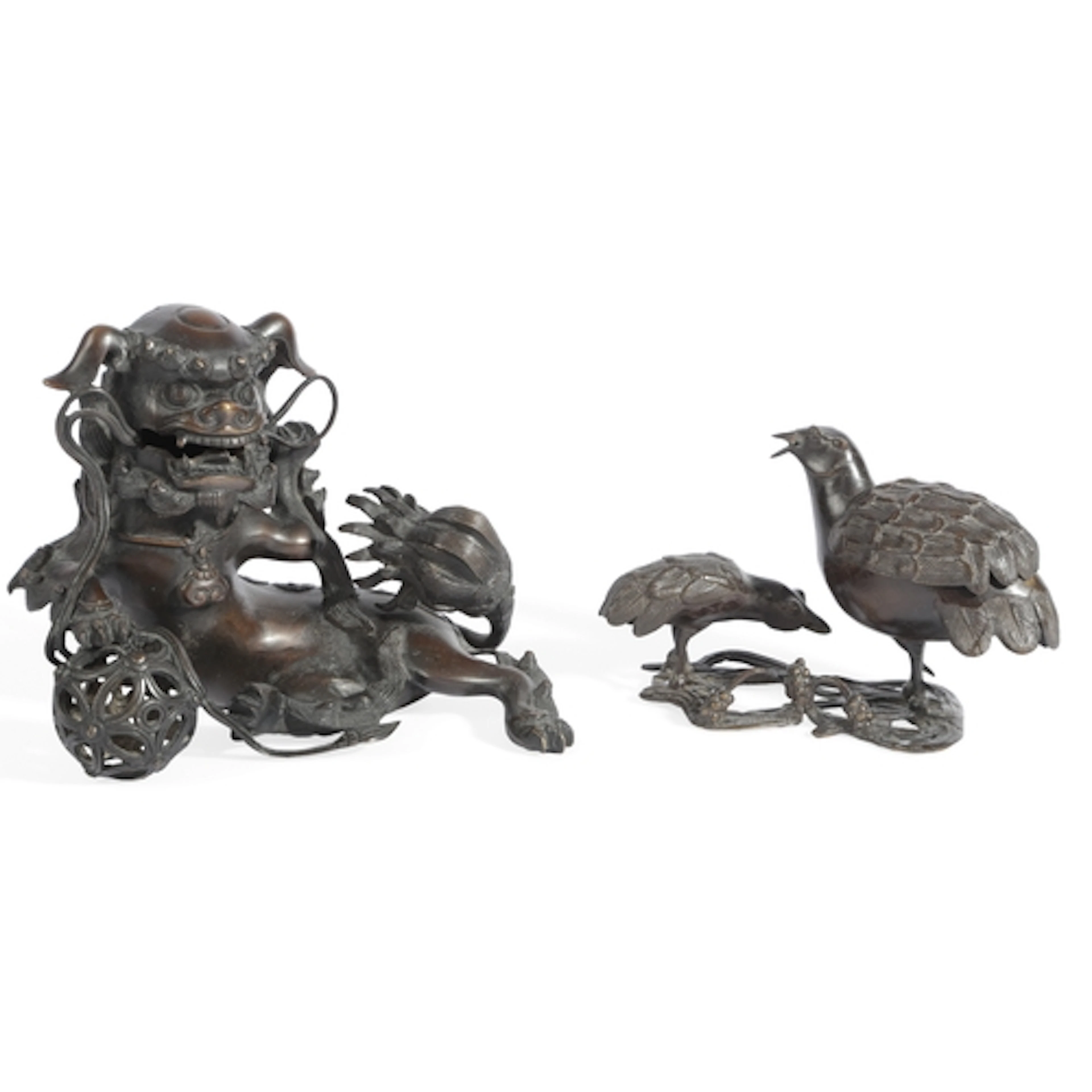 Two Japanese bronze koros and covers, Meiji period, modelled...