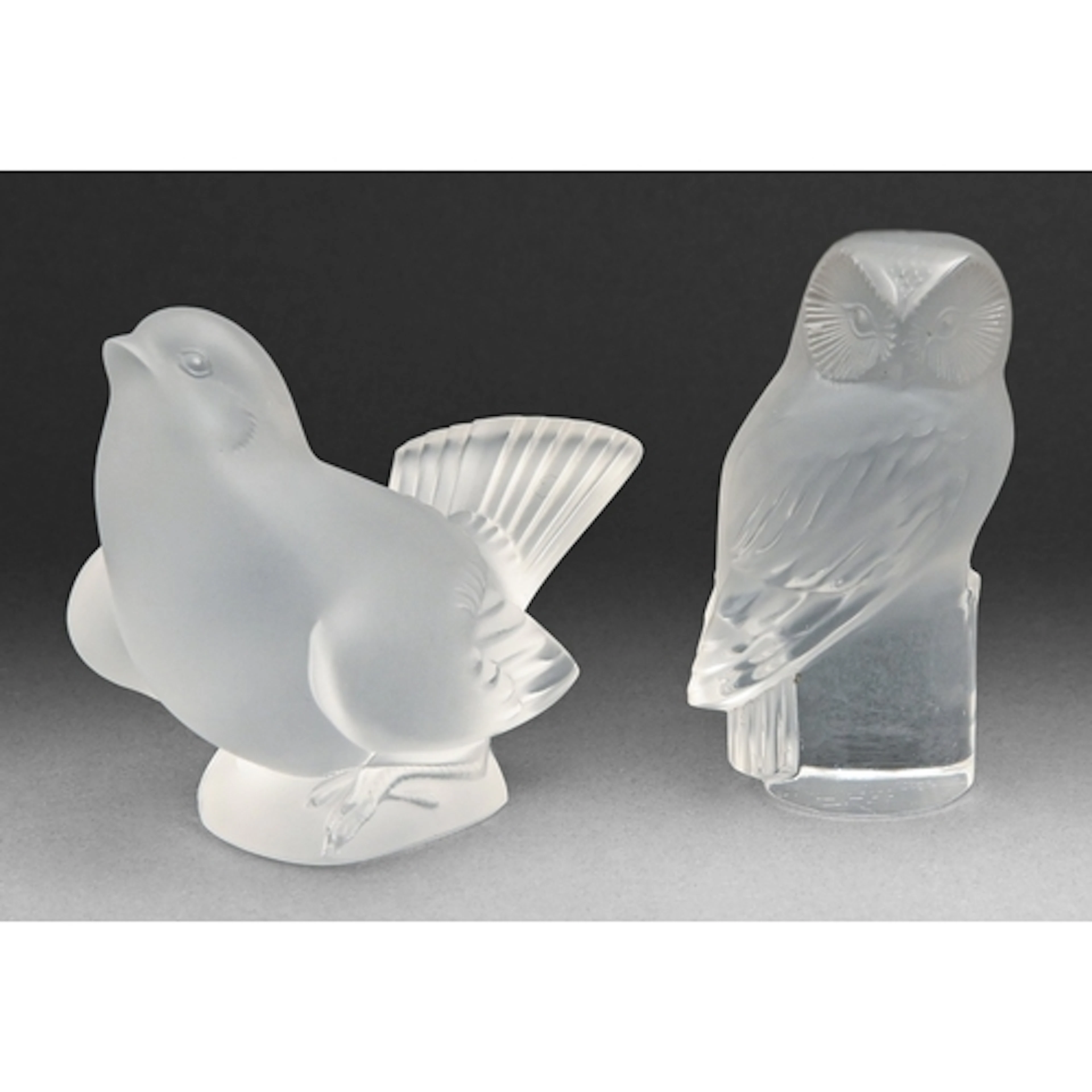 "Chouette" and "Moineau Moquer". Two Lalique frosted glass m...