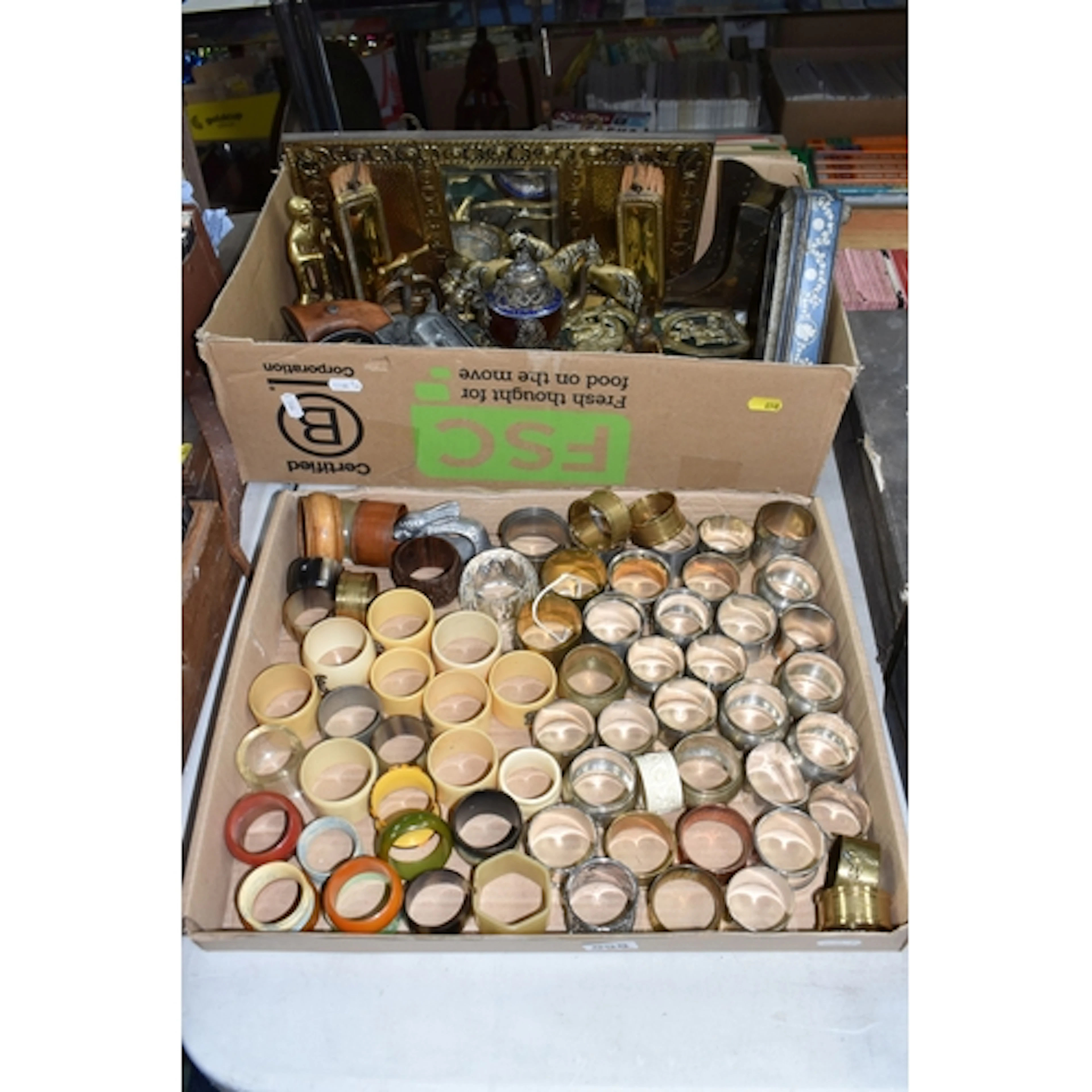 TWO BOXES OF METALWARE AND NAPKIN RINGS, to include more tha...