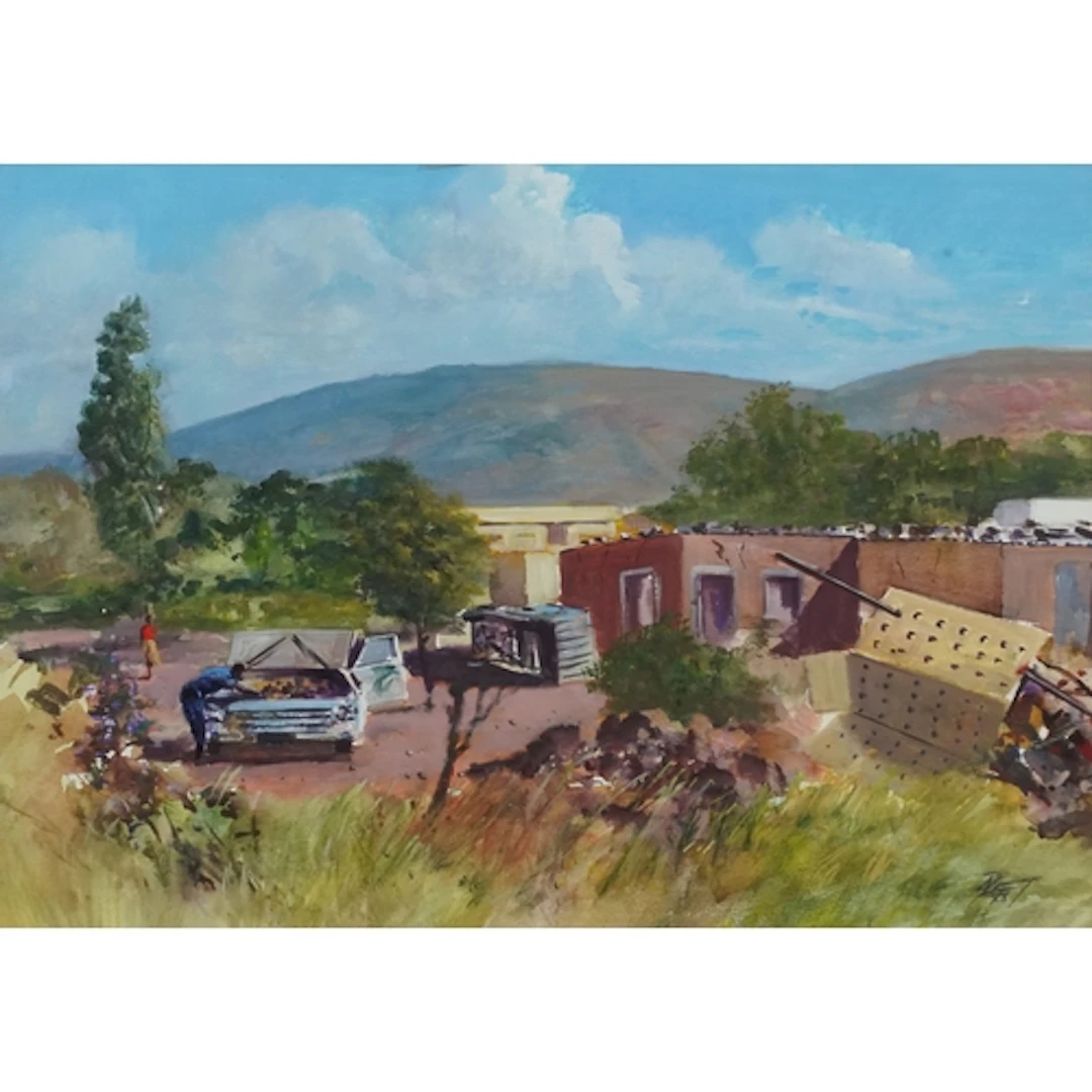 Norman Dinnage - Garage before hills, 20th century watercolo...