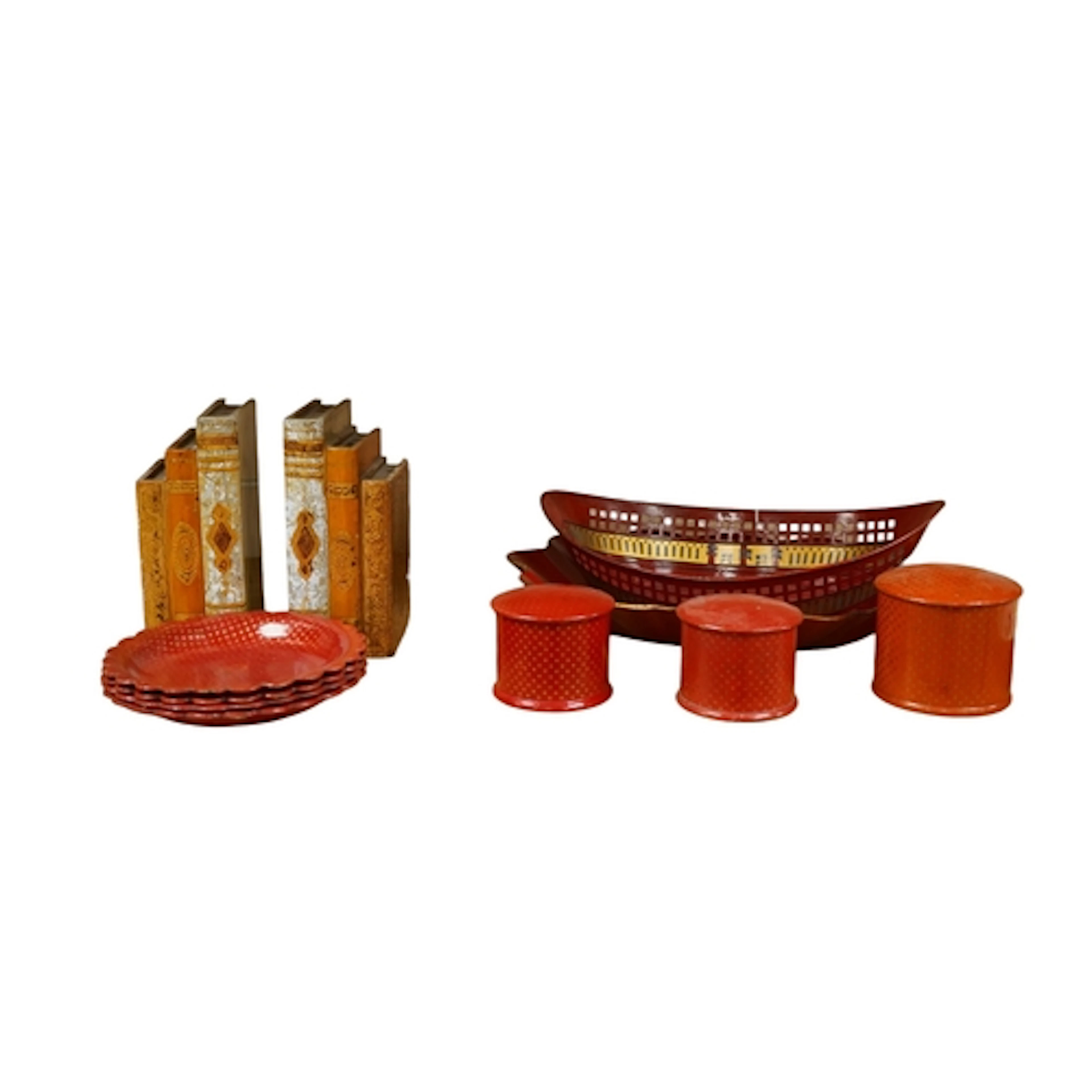 A group of papier mache coasters and boxes, a toleware baske...