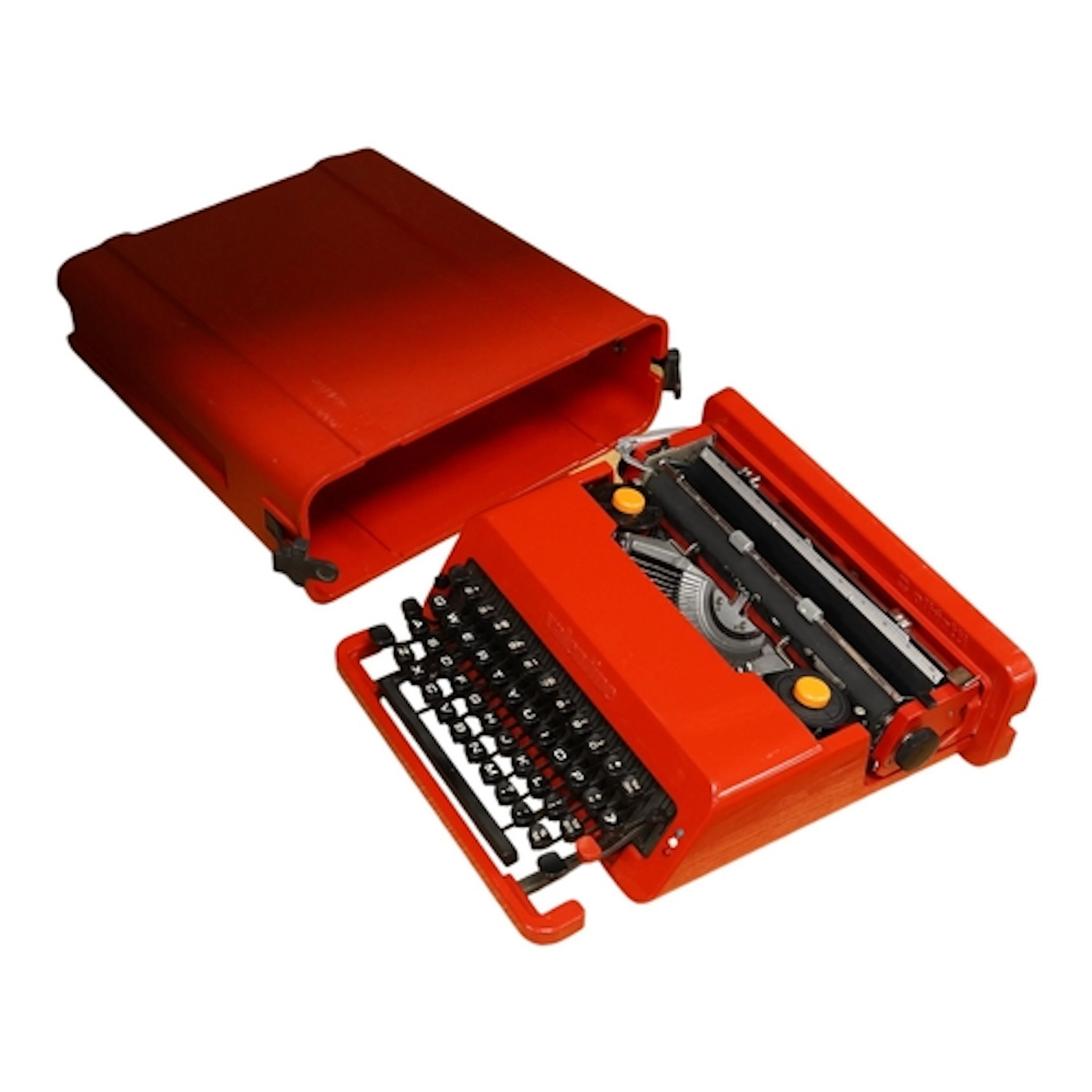 An Olivetti Valentine typewriter in red with tool case...