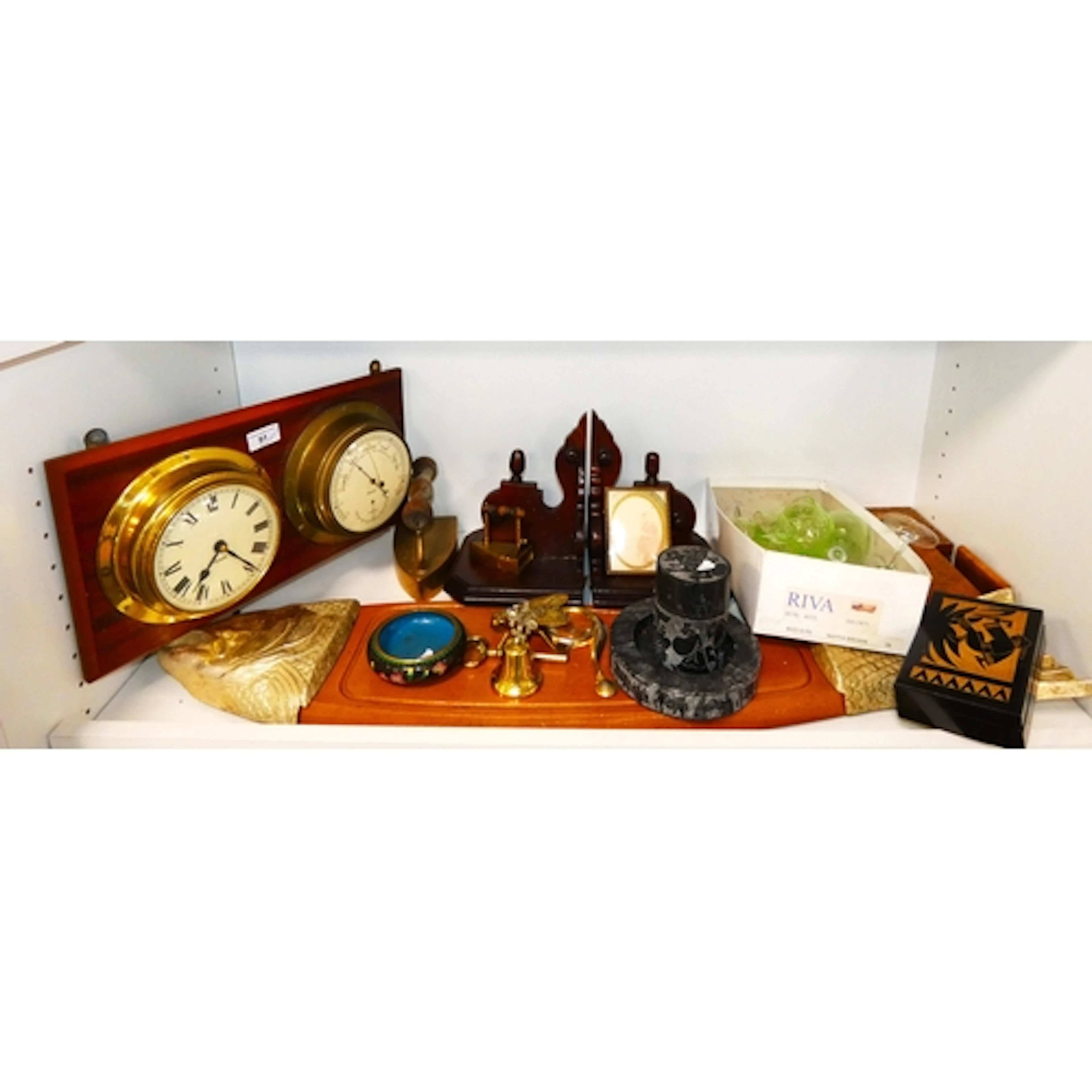 Shelf lot of wood items to include pair of wall shelves, col...