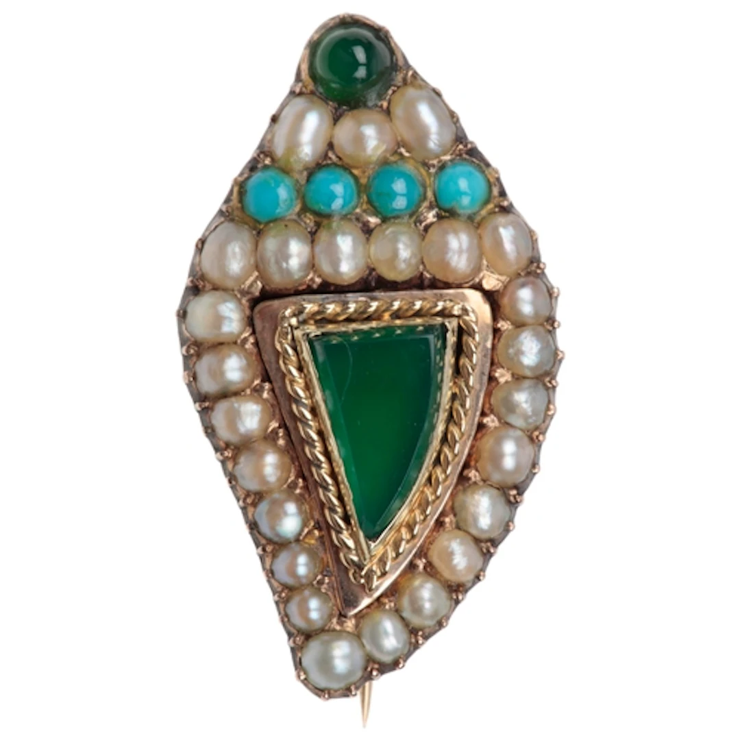 A seed pearl, turquoise and chrysoprase brooch, late 19th/ea...