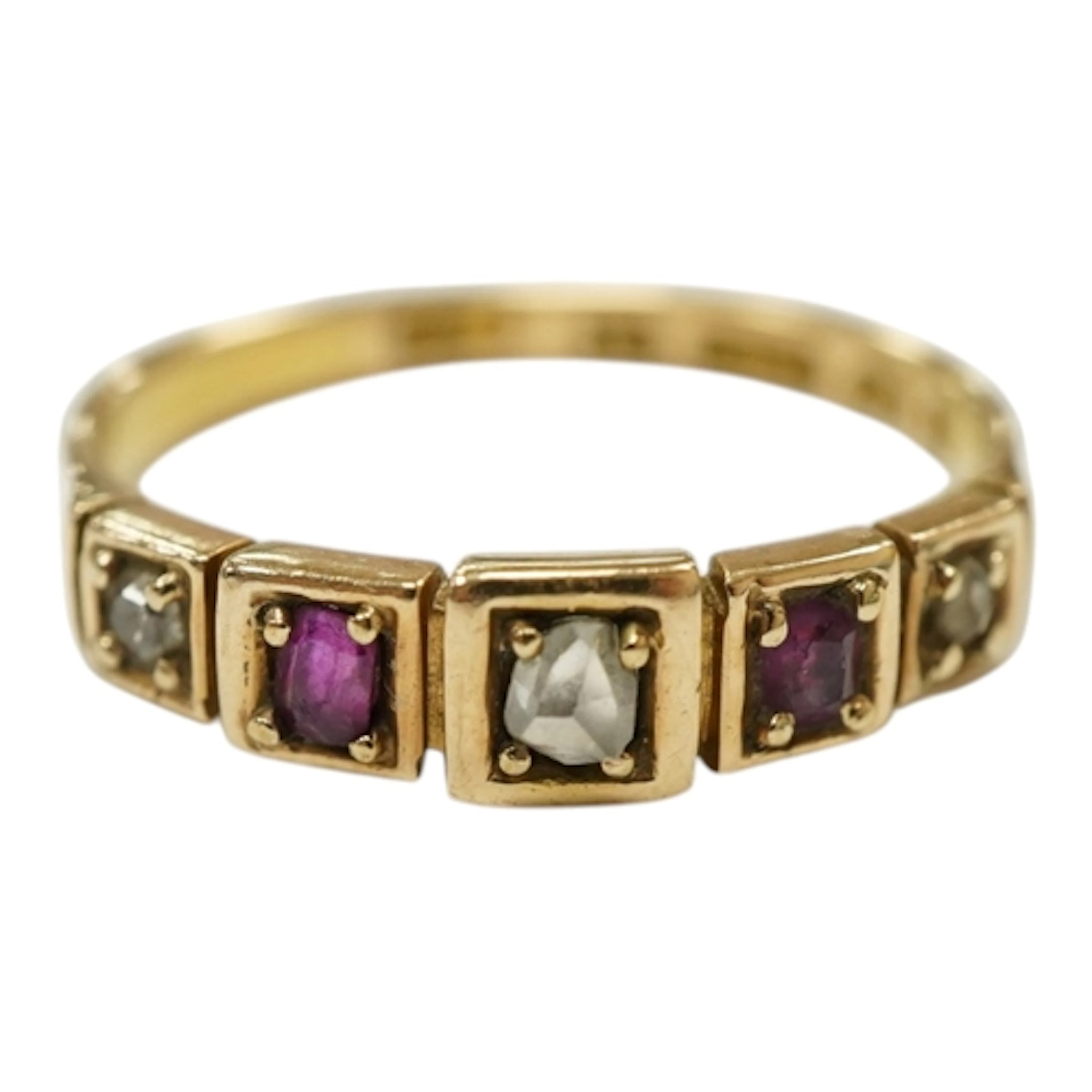 A late Victorian 15ct gold, diamond and ruby five stone half...
