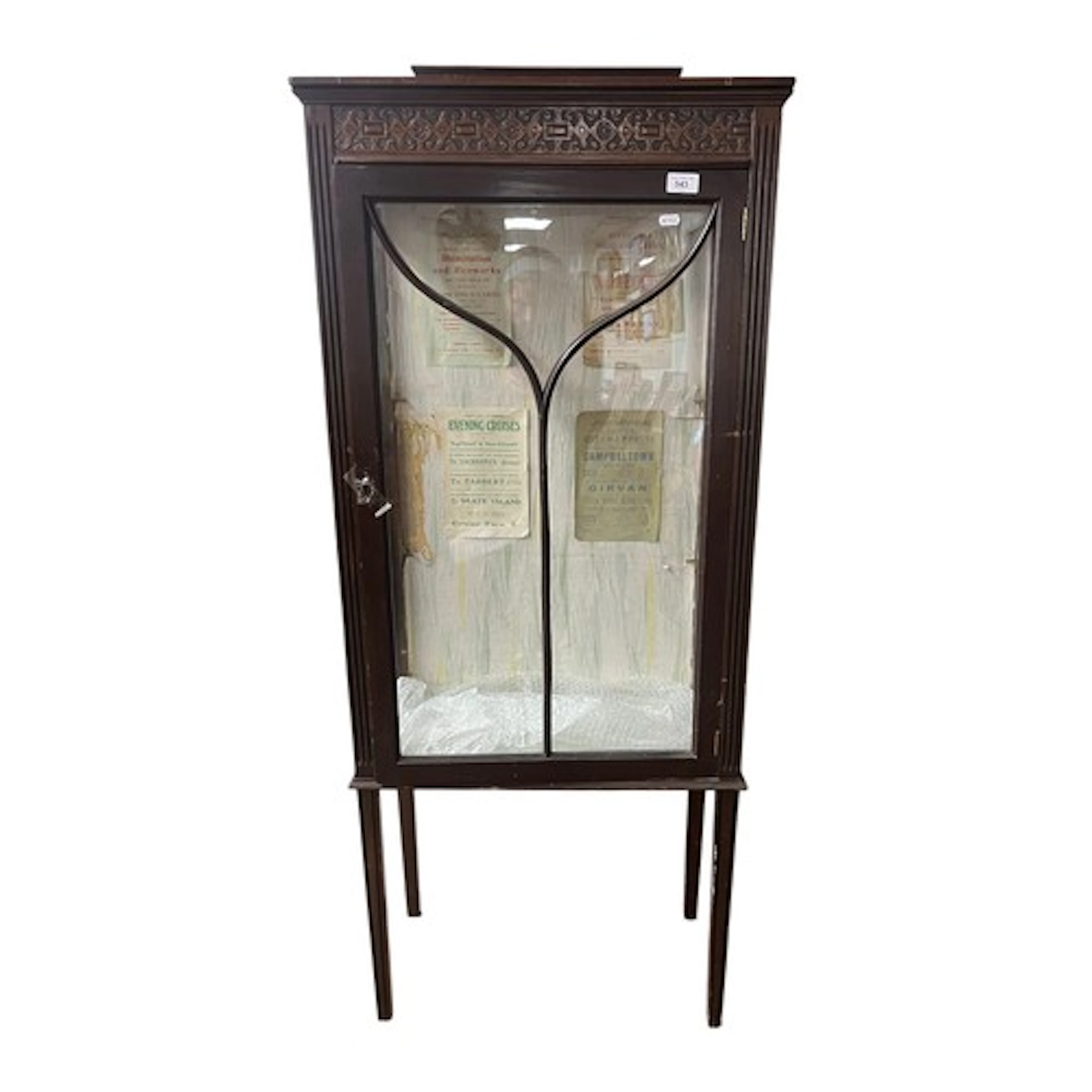 Mahogany glazed cabinet with four vintage posters to interio...