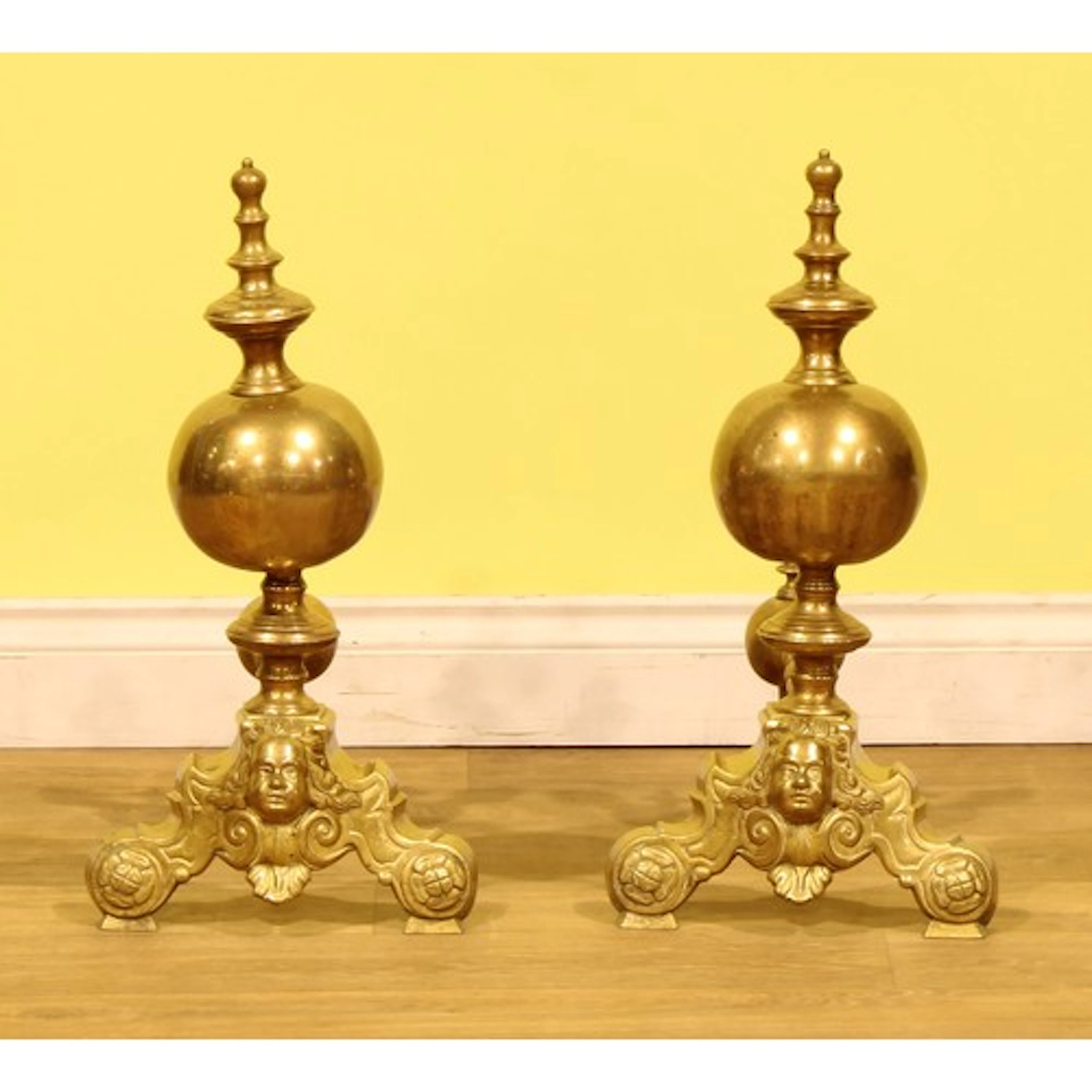 A pair of Baroque Revival brass andirons or firedogs, 55.5cm...