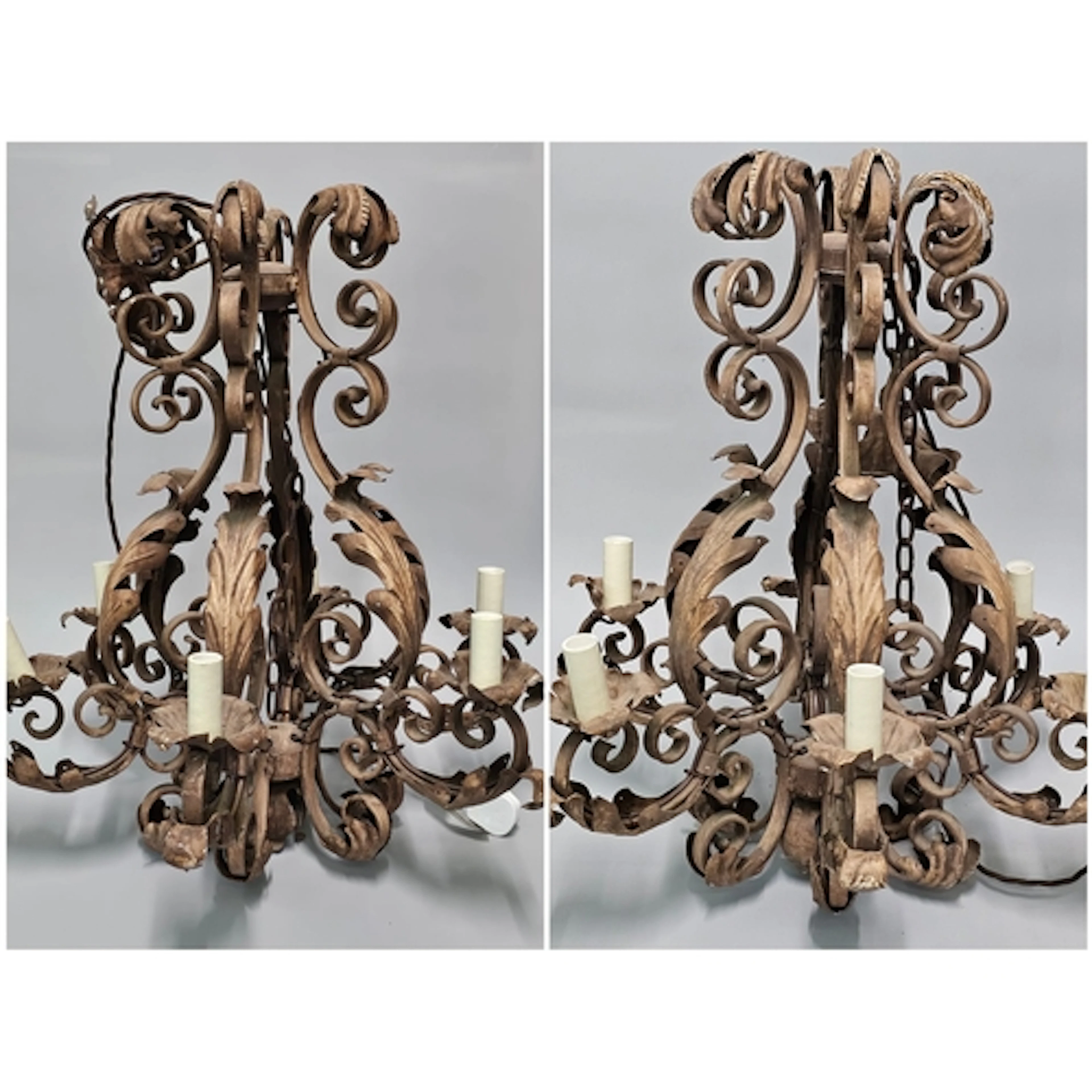 Pair of French wrought iron chandeliers in Rococo or Louis X...