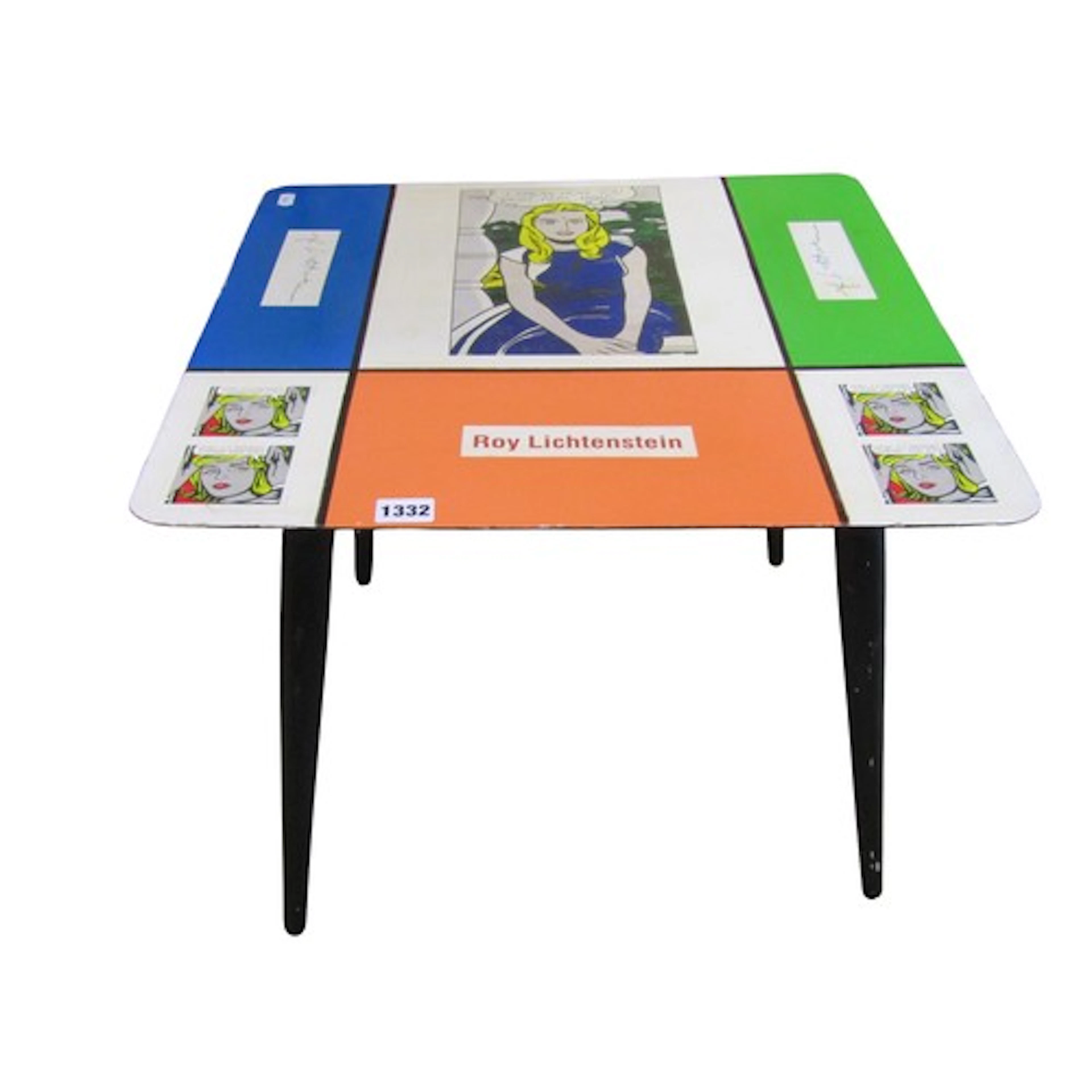 A mid century occasional table the top decorated with Roy Li...