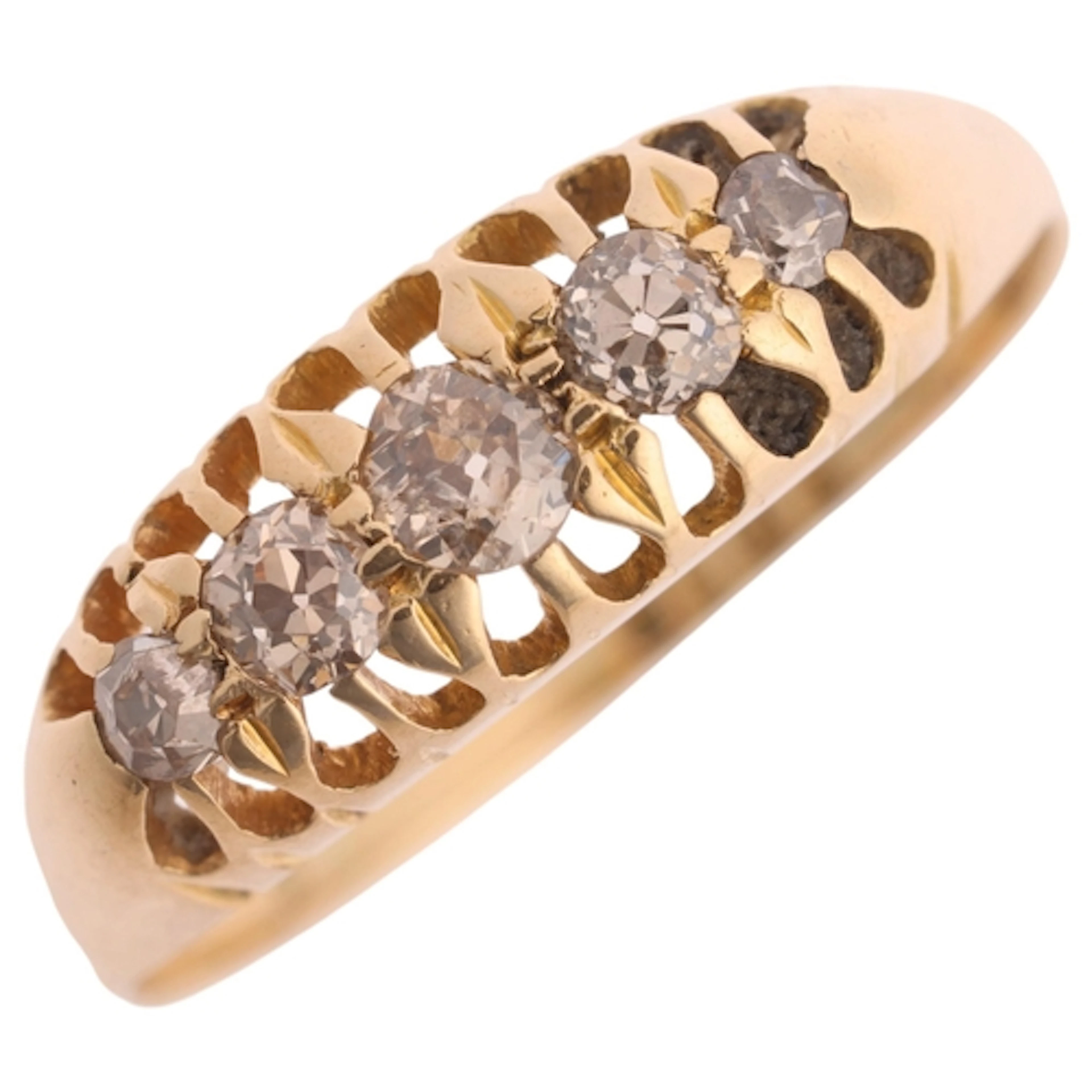 An Antique 18ct gold five stone diamond half hoop ring, indi...