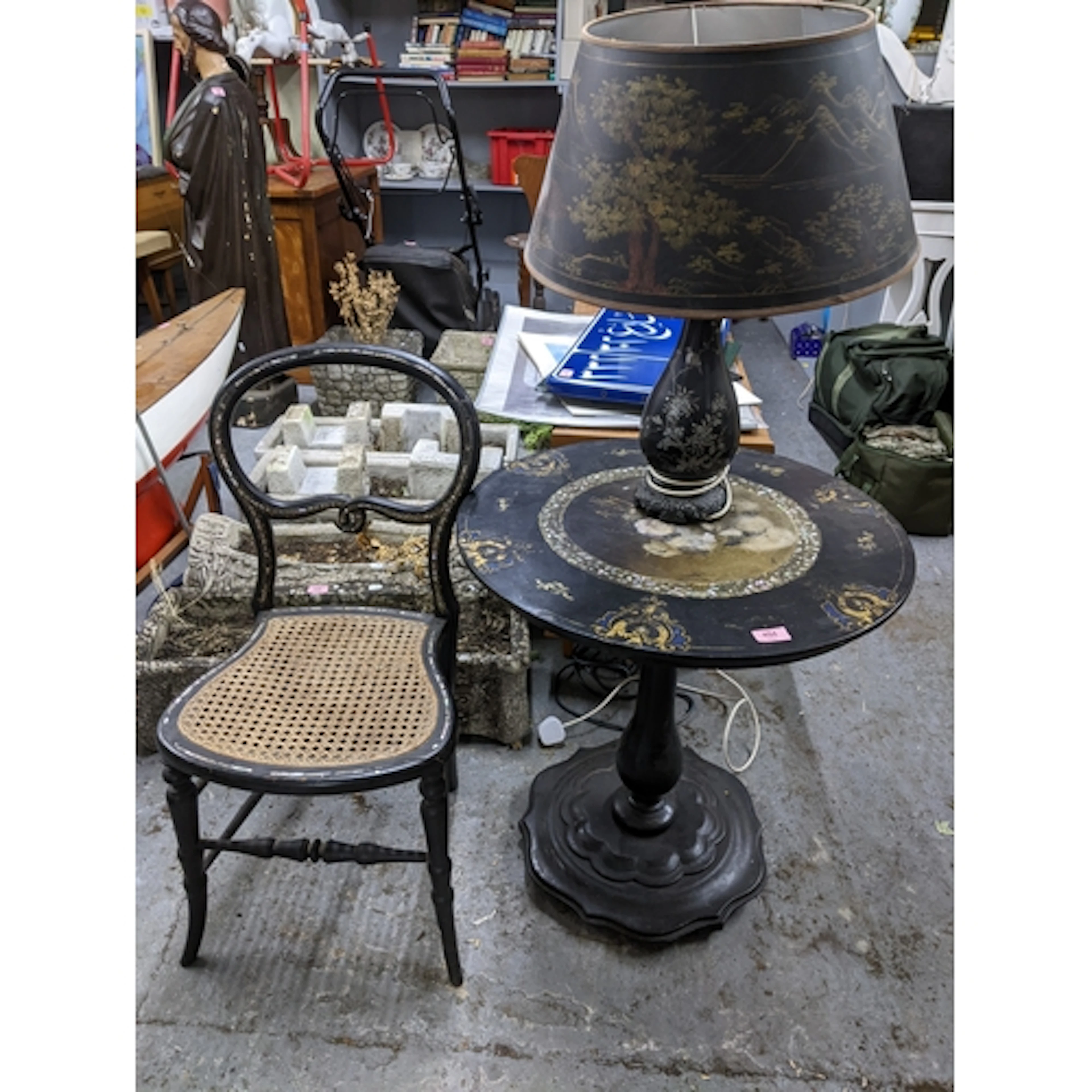 A Victorian inlaid lacquered and paper mache pedestal occasi...
