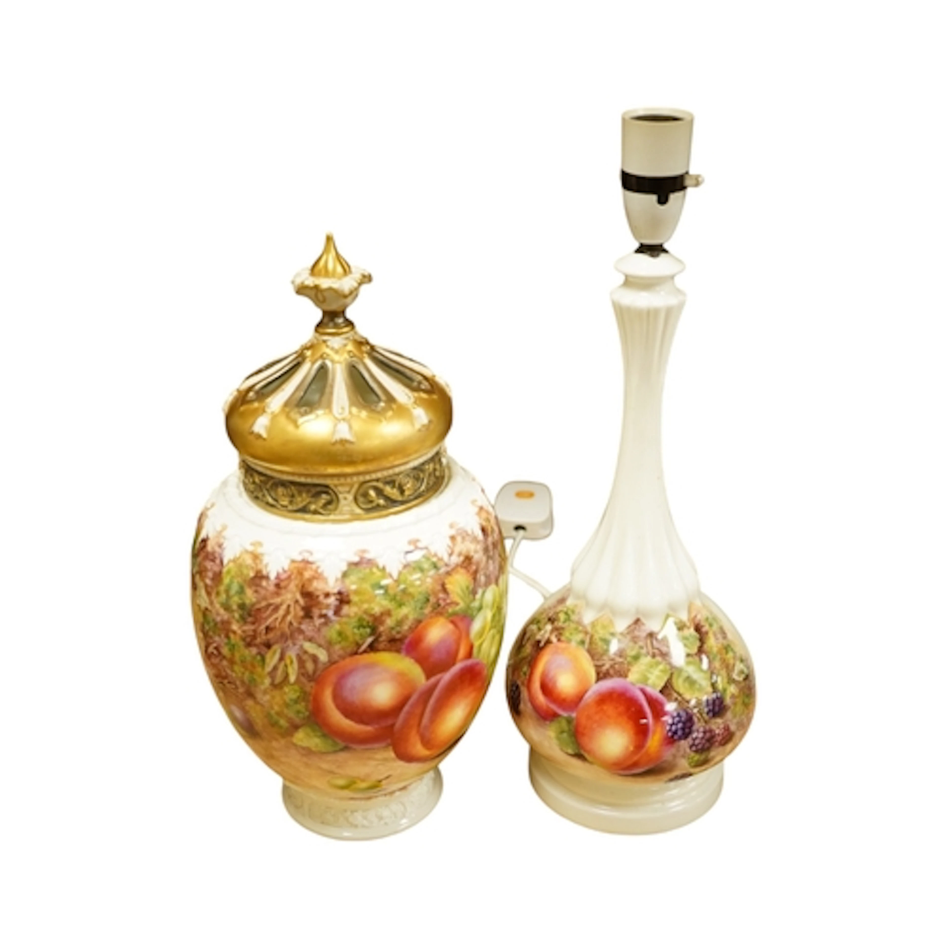 A Worcester vase and a cover and a similar lamp base, each p...