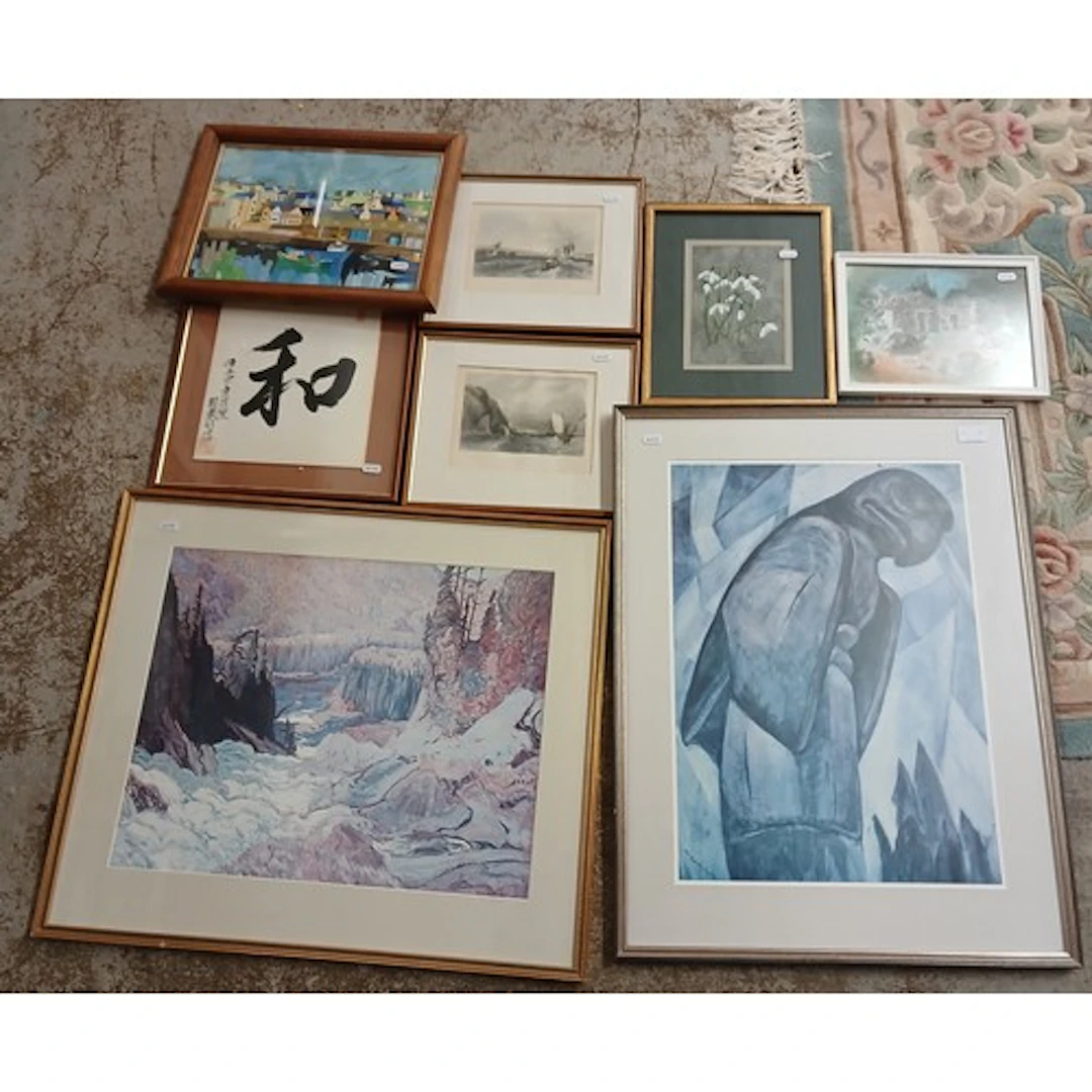 Collection of eight framed pictures to include lithographs, ...