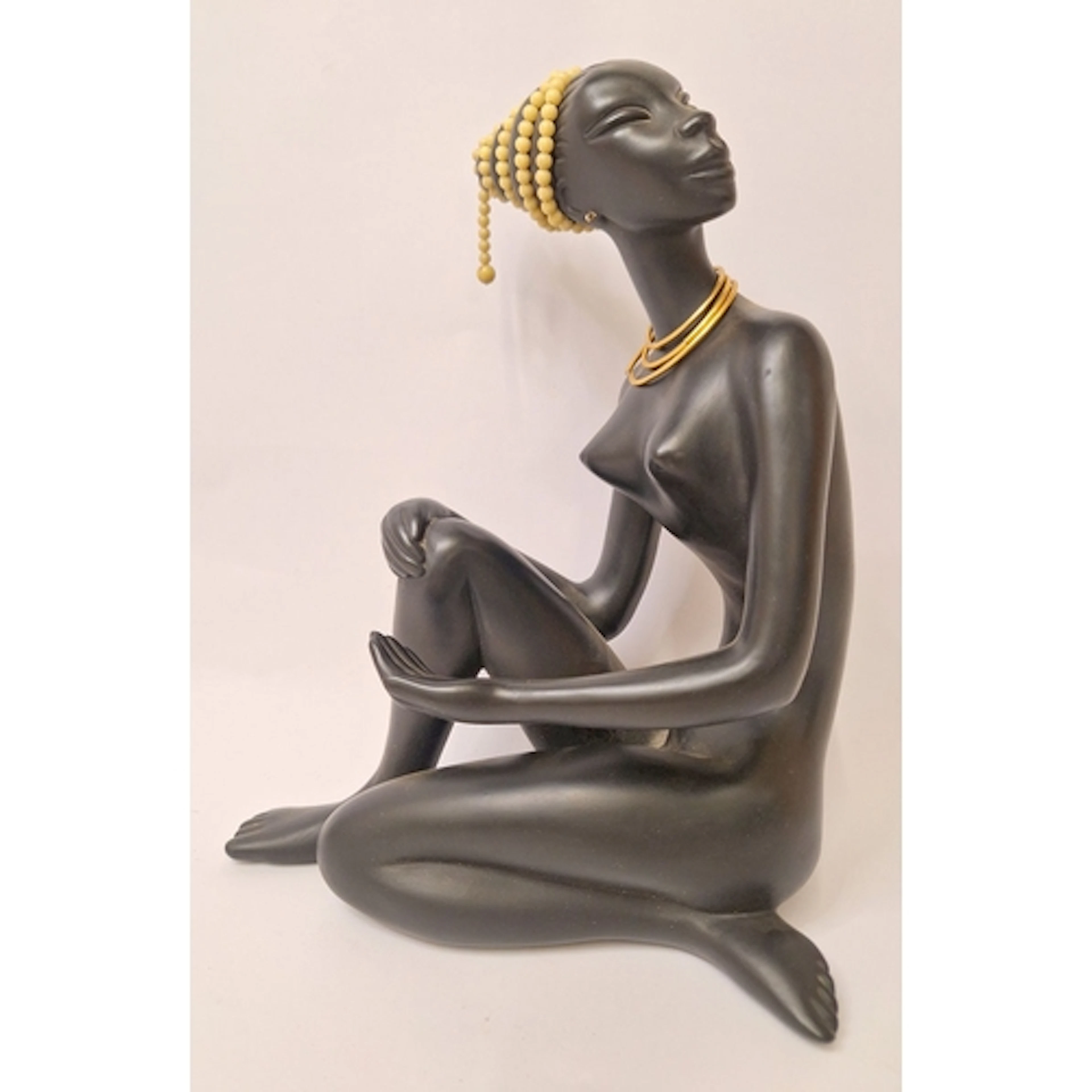 Mid Century Style Figure African Woman, seated with beads to...