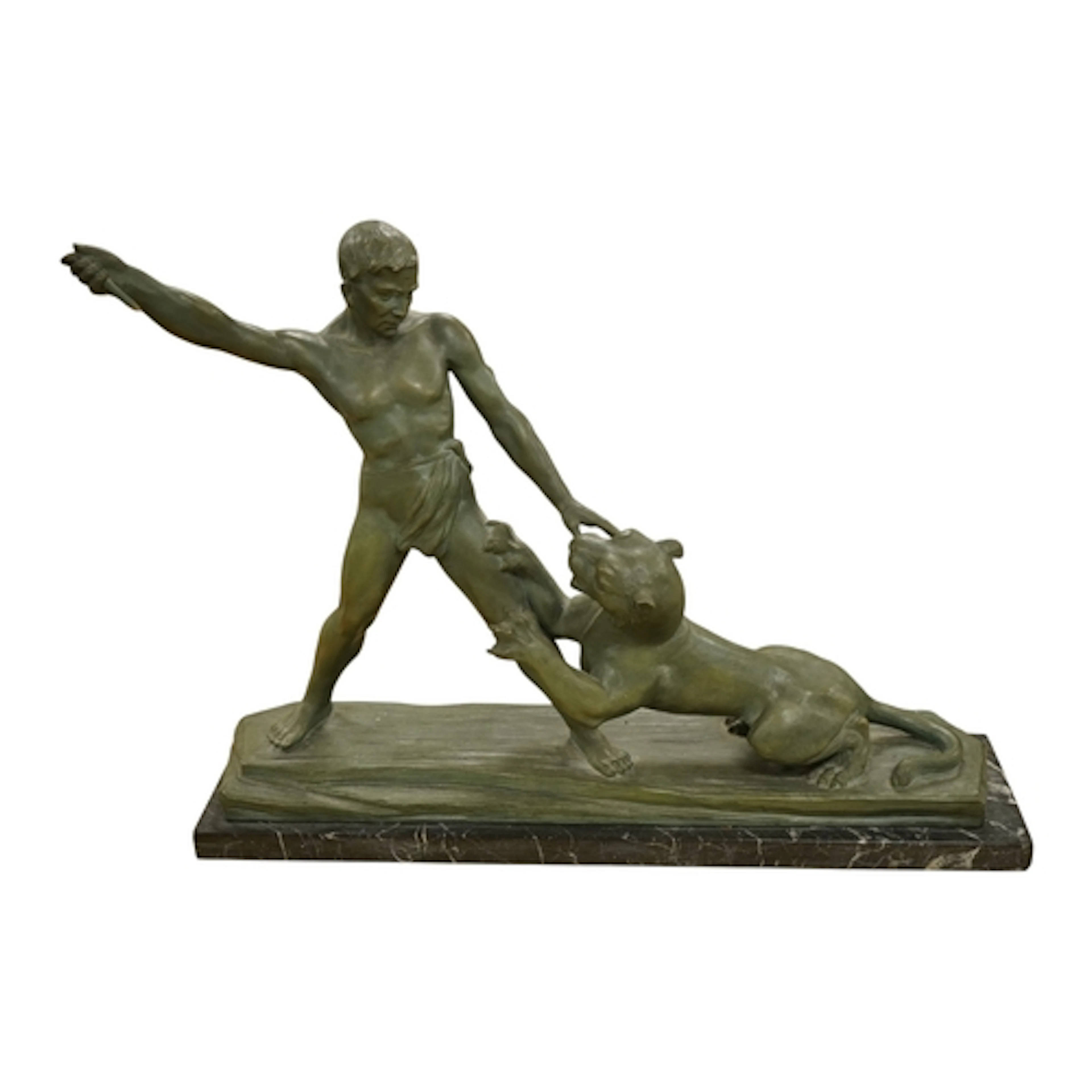 An Art Deco style bronzed metal hunter and lion group on rec...