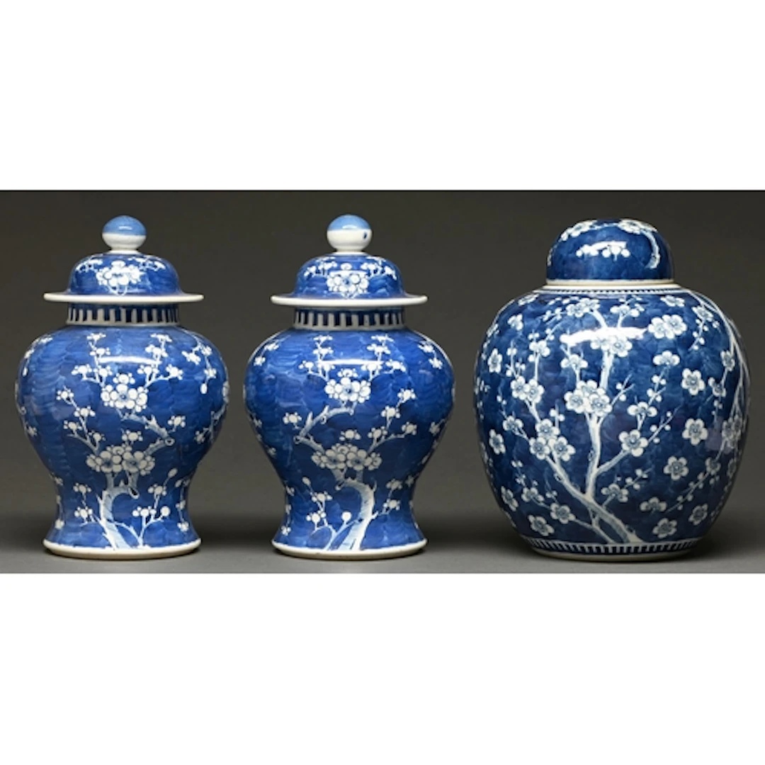 A pair of Chinese blue and white jars and covers and a conte...
