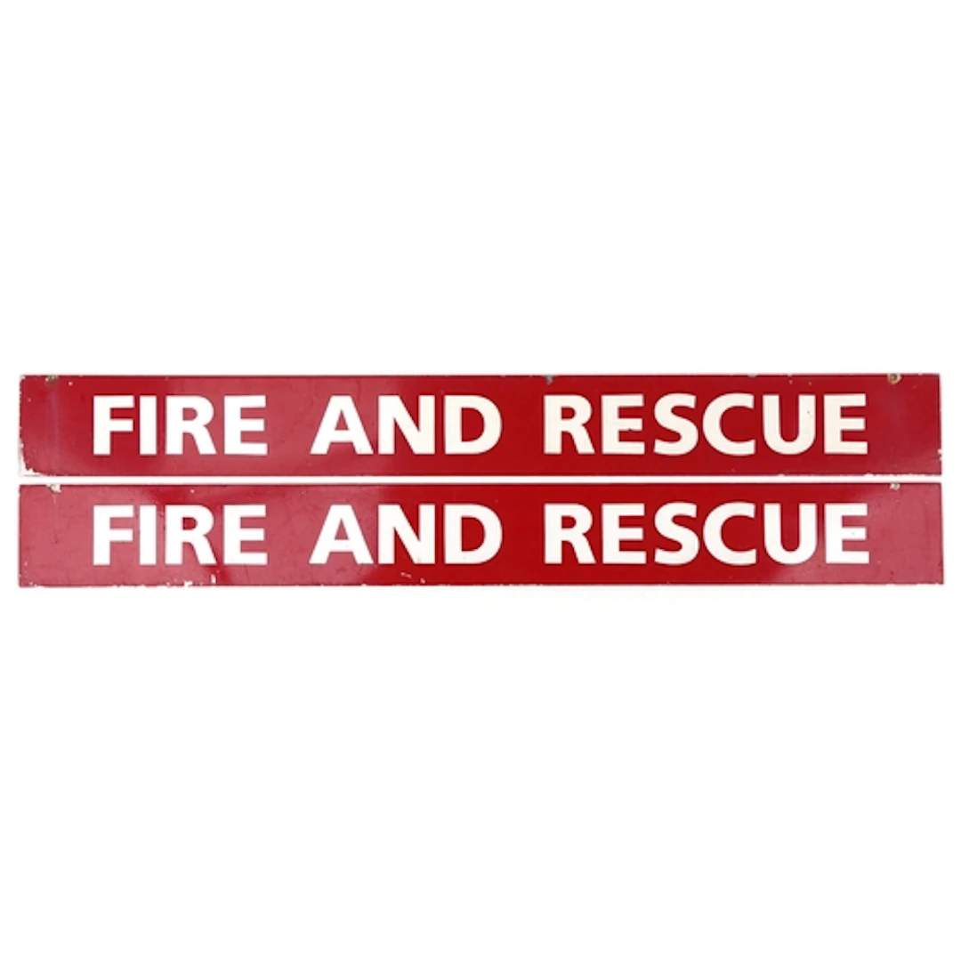 Two vintage Fire & Rescue enamel wall plaques, 114.5cm x 12....