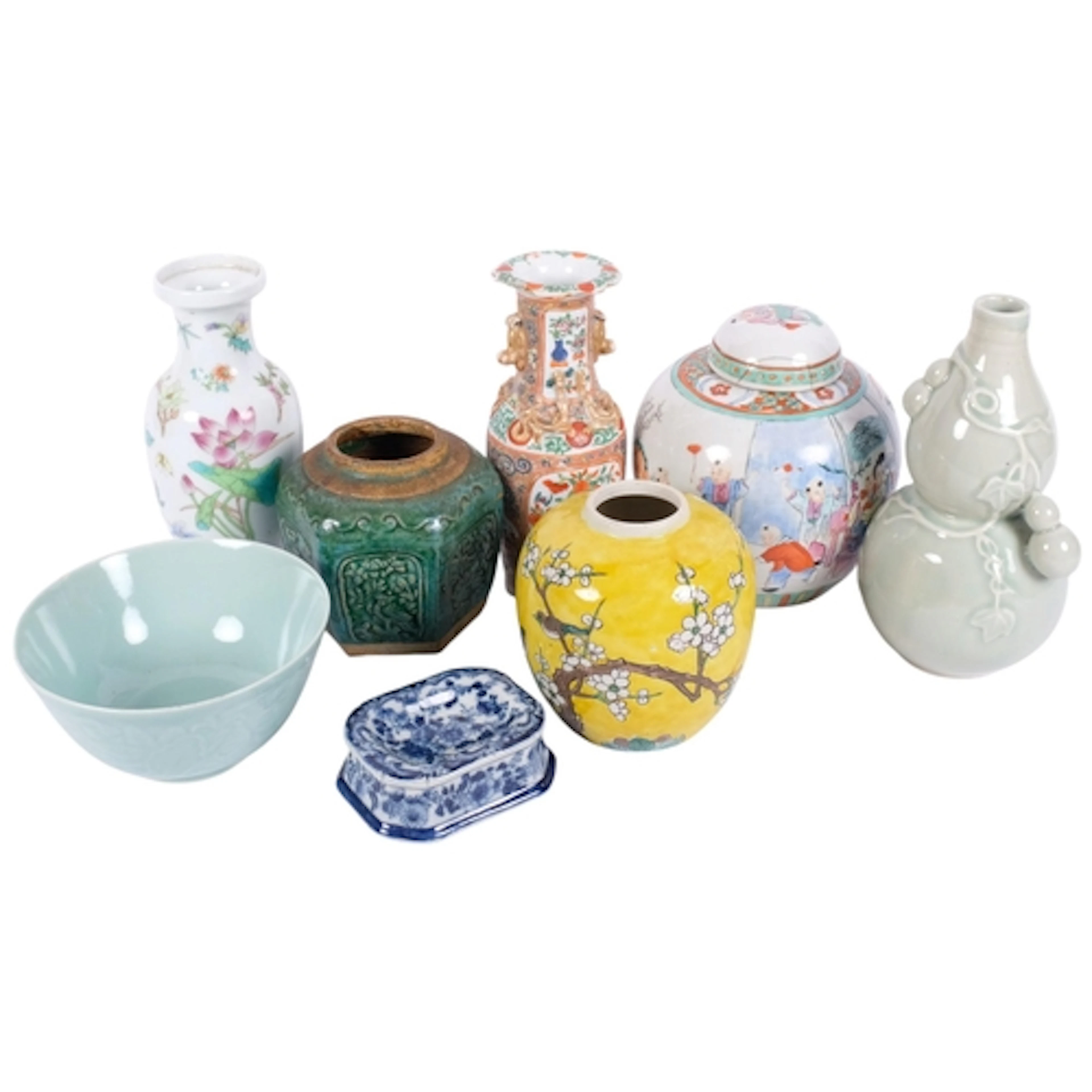 A group of Chinese ceramic ware, including a celadon bowl, a...