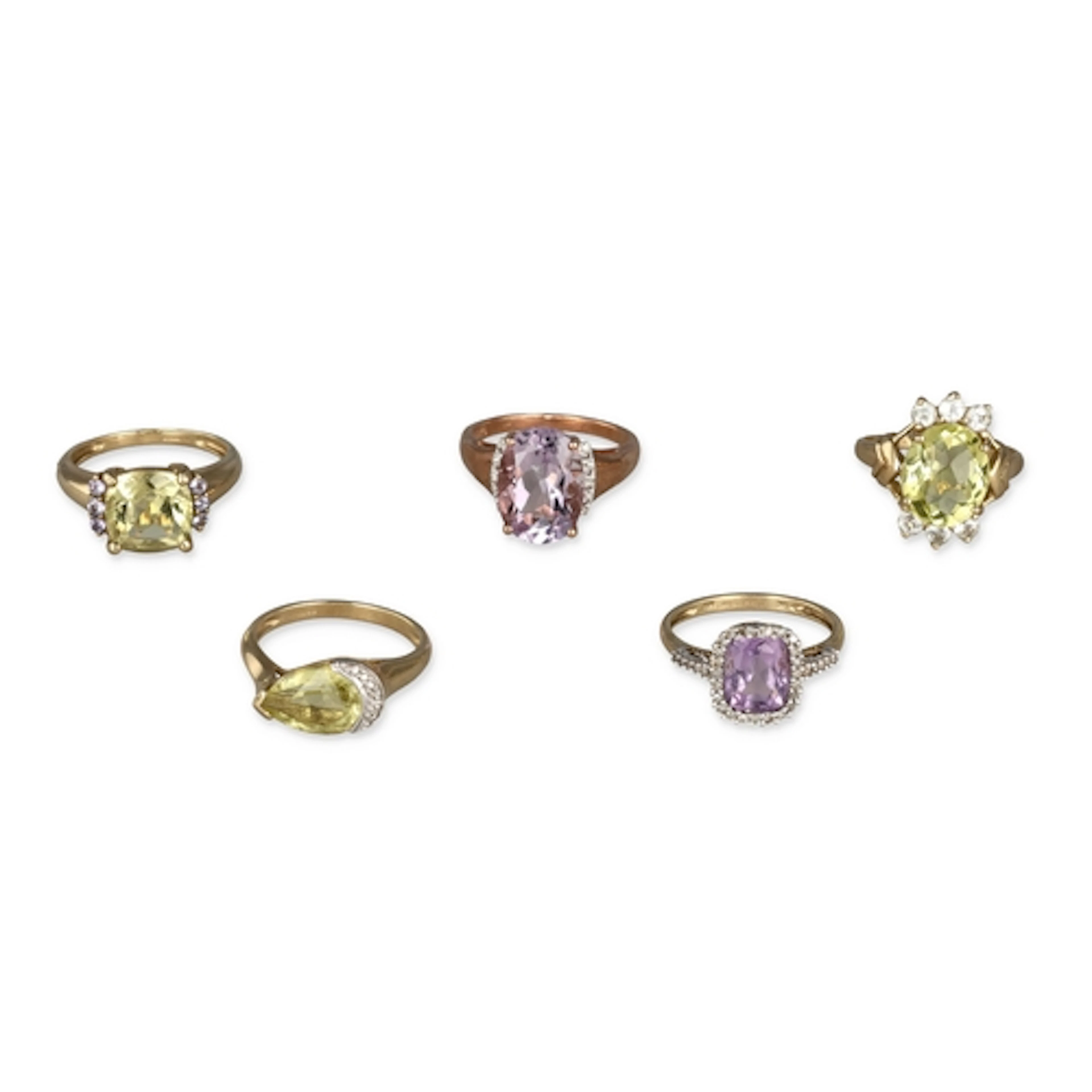 FIVE 9 CARAT GOLD RINGS SET WITH STONES INCLUDING AMETHYST G...